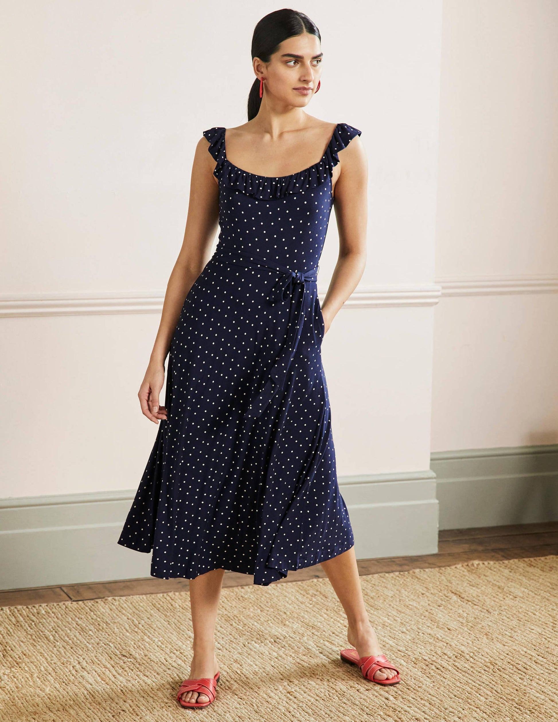 Jersey-Midikleid mit Rüschenkragen-Französisches Navy, Pünktchen-1