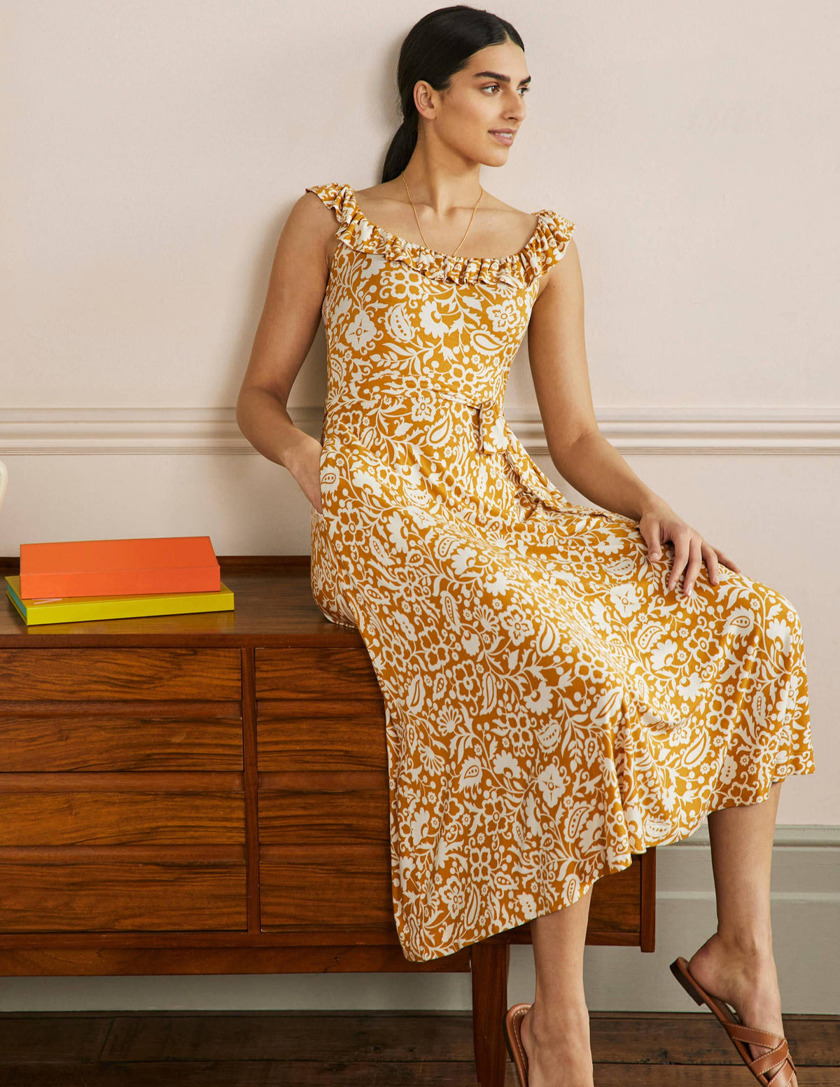 Ruffle Neck Jersey Midi Dress-Brioche, Oriental Paradise-4