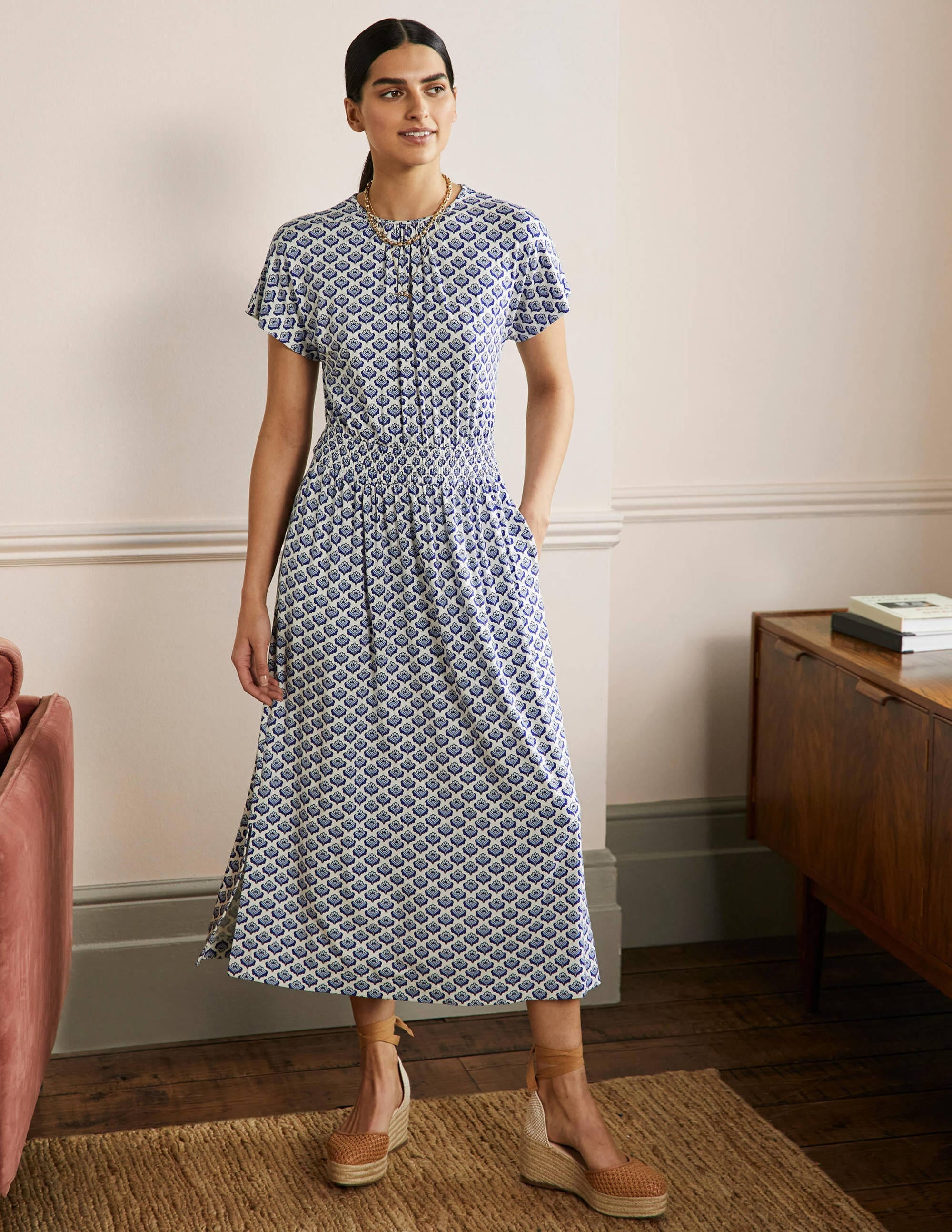 Midikleid aus Jersey-Naturweiß, Geometrisches Muster - Image 1