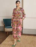 Langärmliges Maxikleid aus Leinen-Azalee, Dekorative Blüten