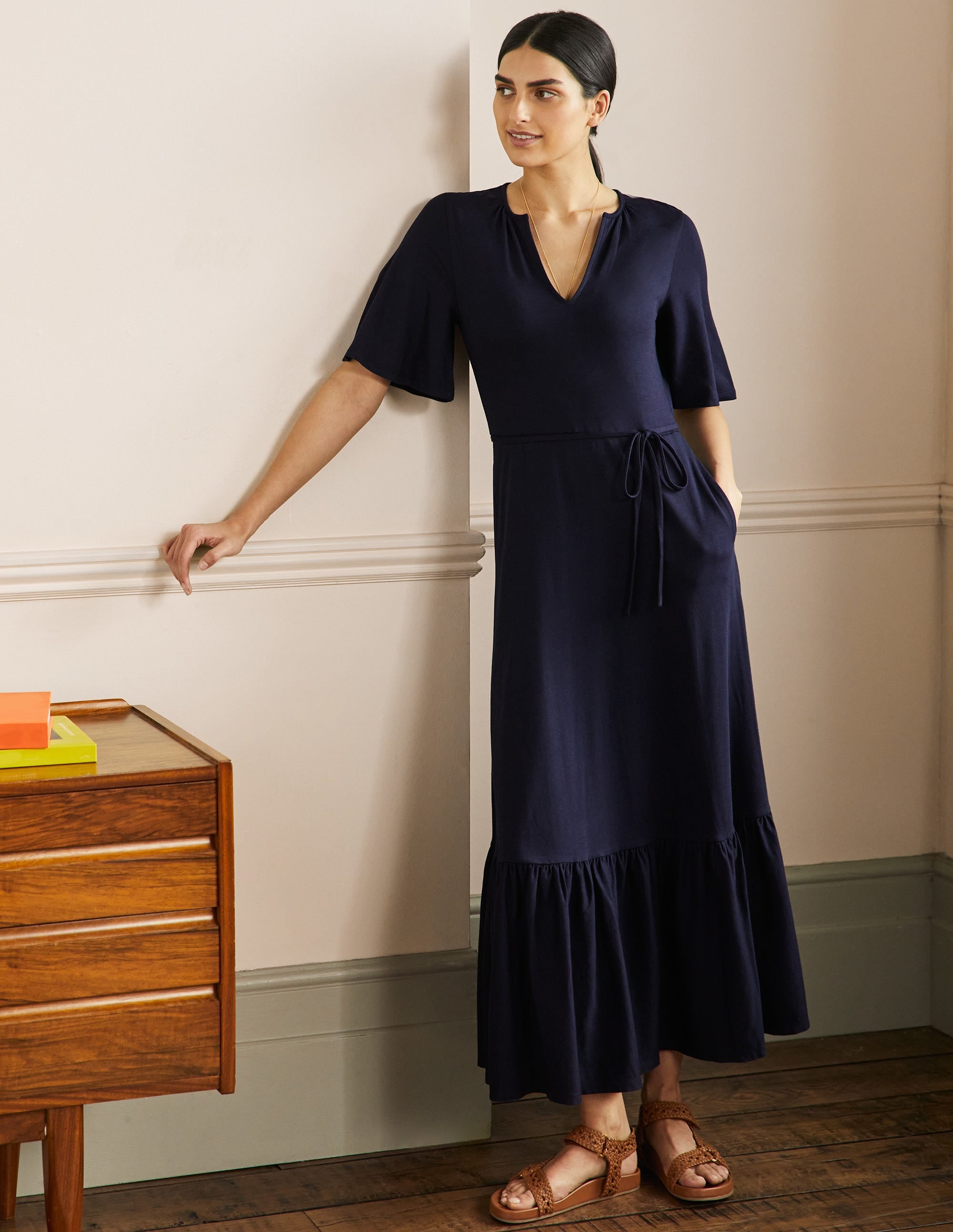Notch Neck Jersey Maxi Dress-Navy - Image 1