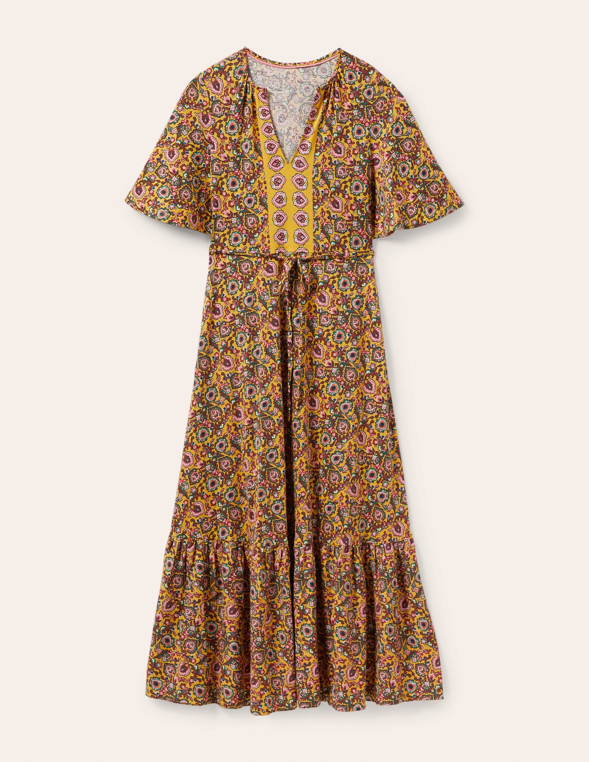Jersey-Maxikleid mit gekerbtem Ausschnitt-Honiggelb, Dekorative Blüten-5