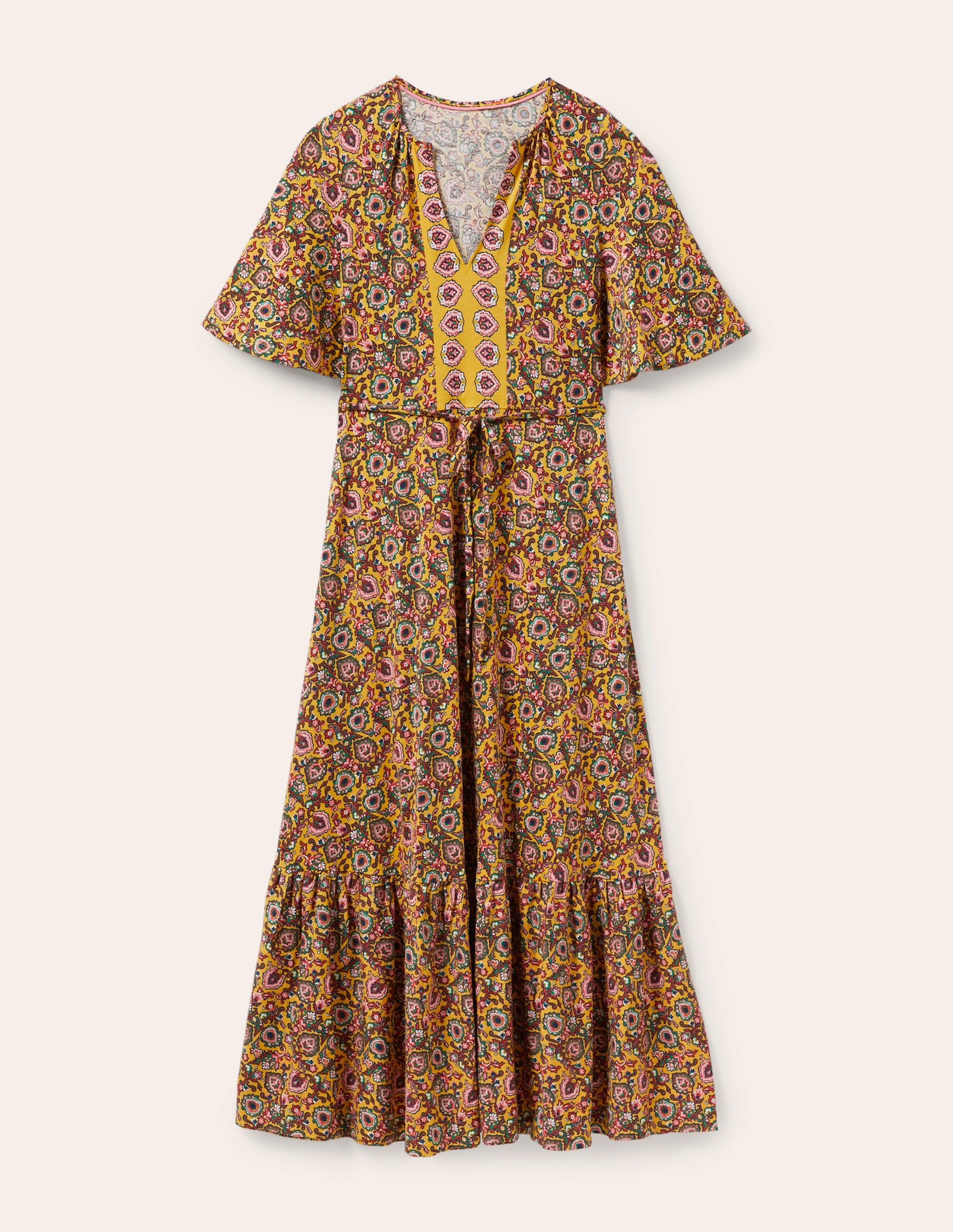 Jersey-Maxikleid mit gekerbtem Ausschnitt-Honiggelb, Dekorative Blüten - Image 5