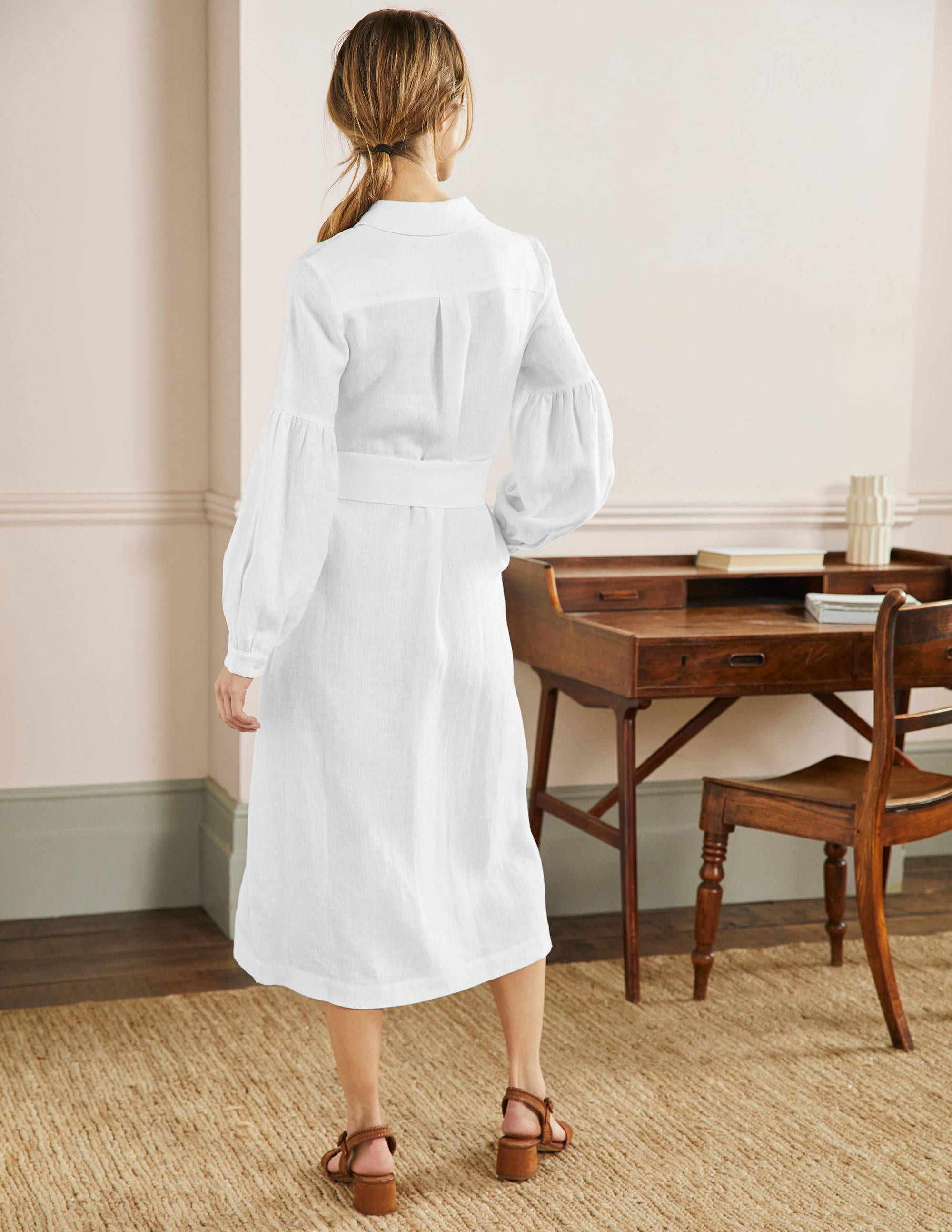 Robe-chemise midi à manches blousantes-Blanc - Image 4
