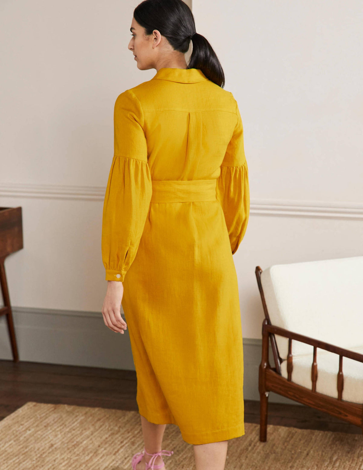 Midi-Hemdblusenkleid mit Detail am Ärmel-Honiggelb-3