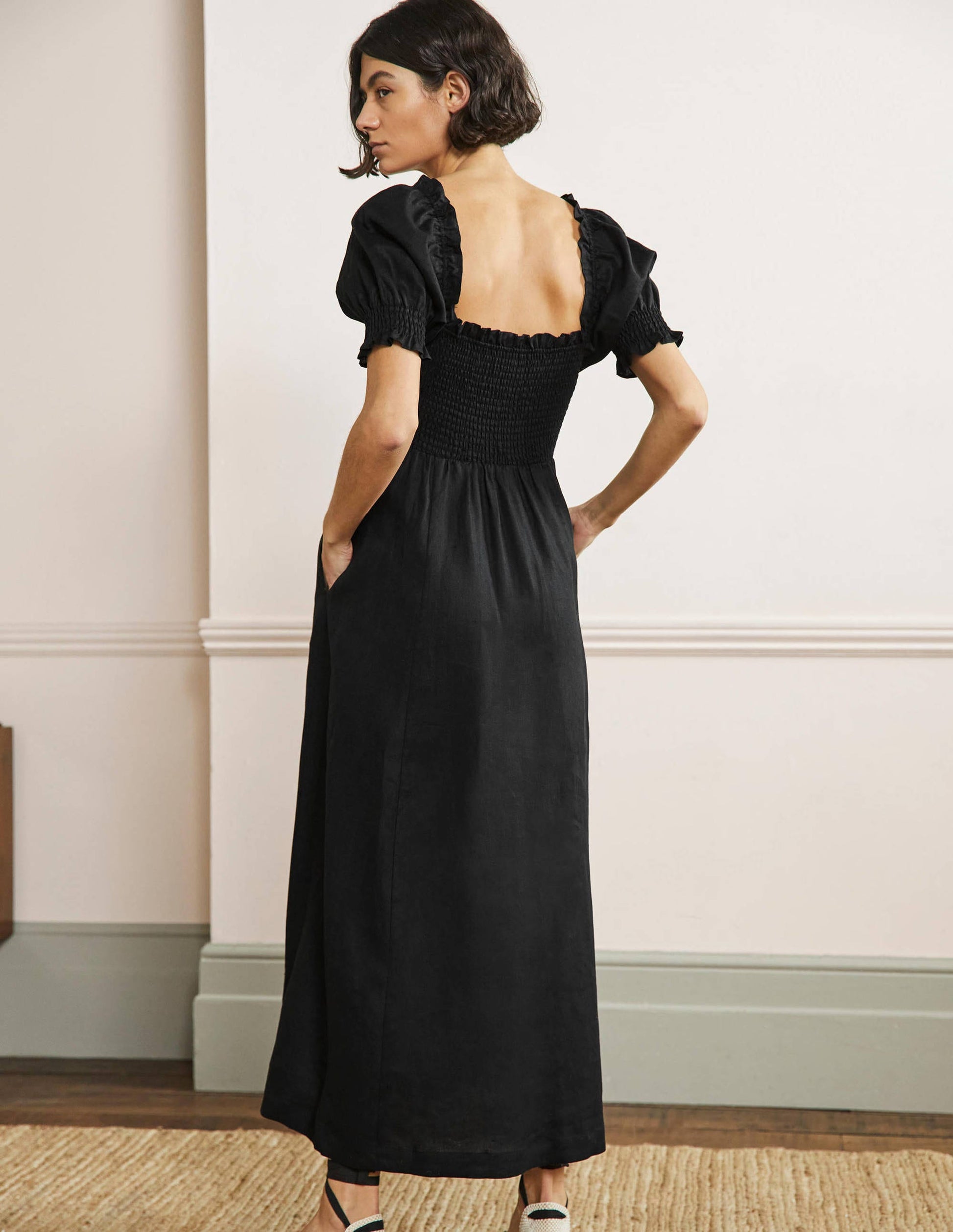 Midikleid mit gesmoktem Oberteil-Schwarz-3