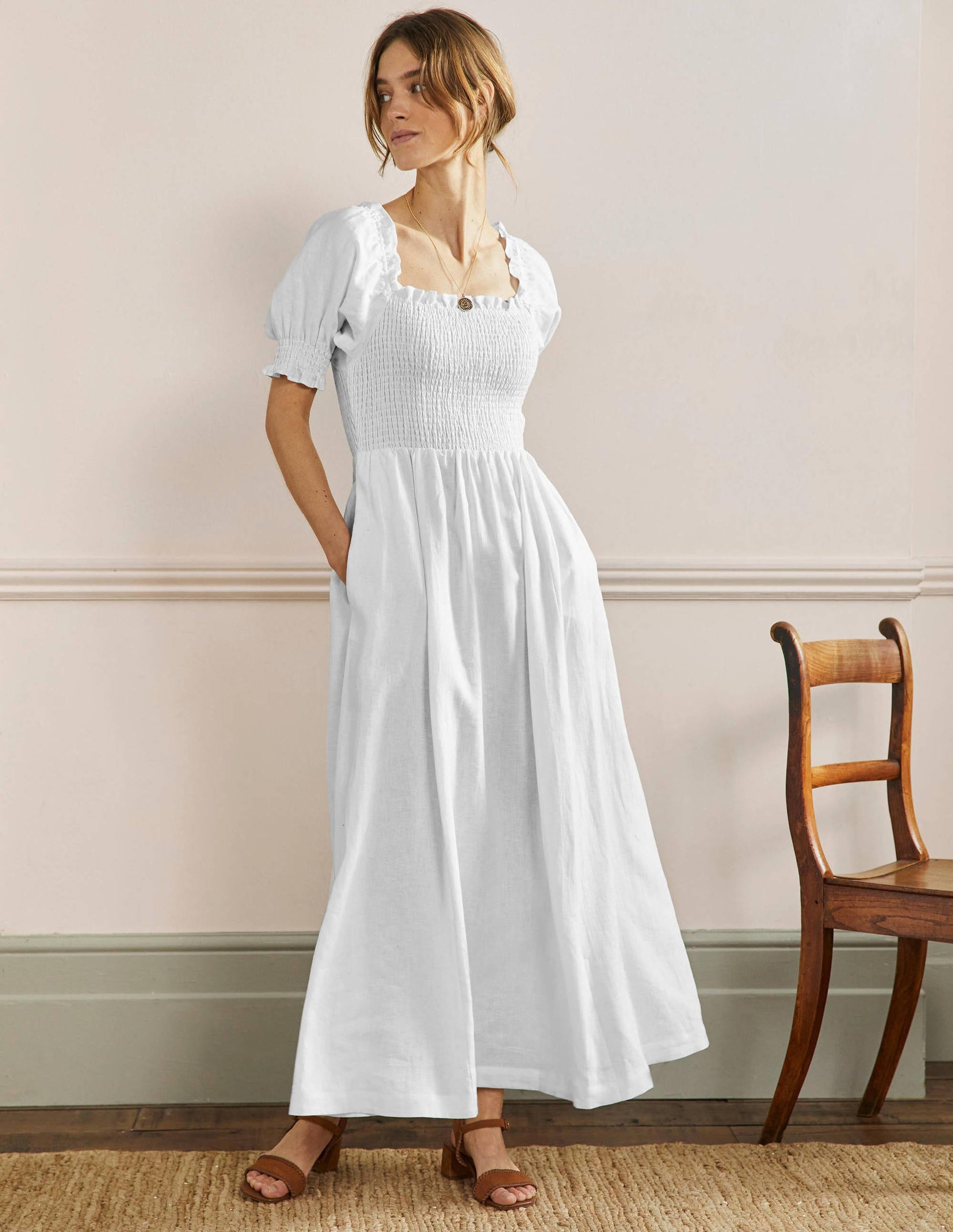 Midikleid mit gesmoktem Oberteil-Weiß-1