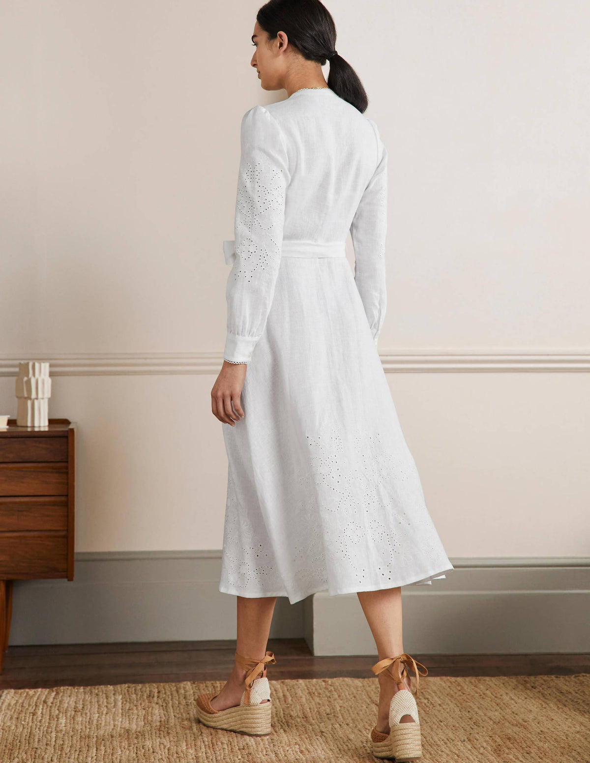 Midi-Hemdblusenkleid mit Lochspitze-Weiß-3