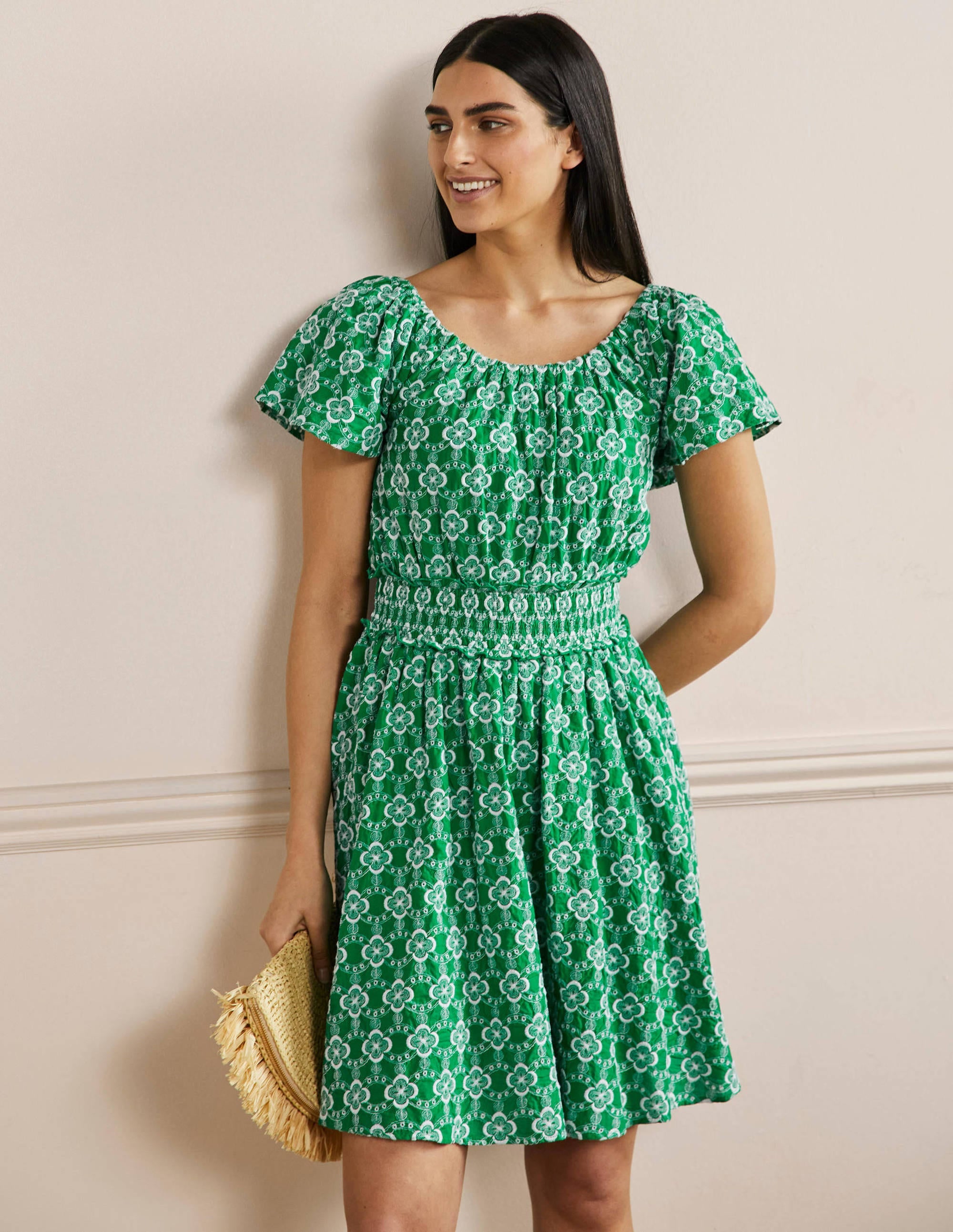 Besticktes Kleid mit Rundhalsausschnitt-Grün, Geometrisches Muster - Image 1