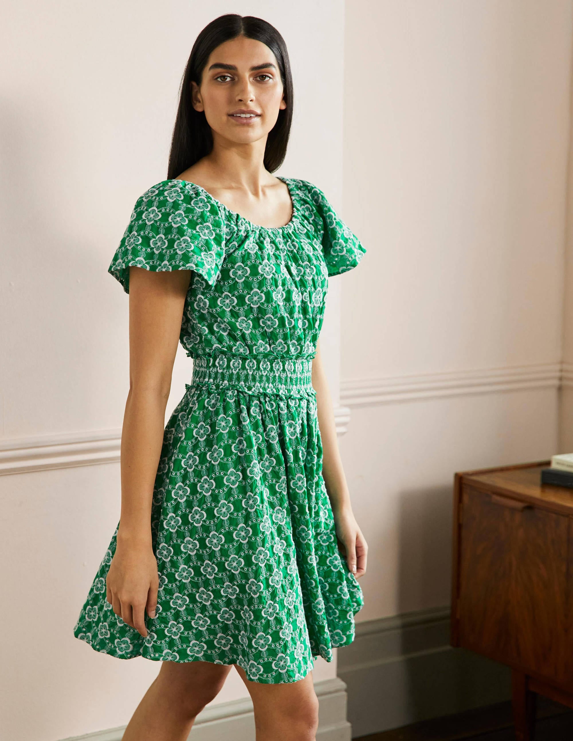Besticktes Kleid mit Rundhalsausschnitt-Grün, Geometrisches Muster - Image 4