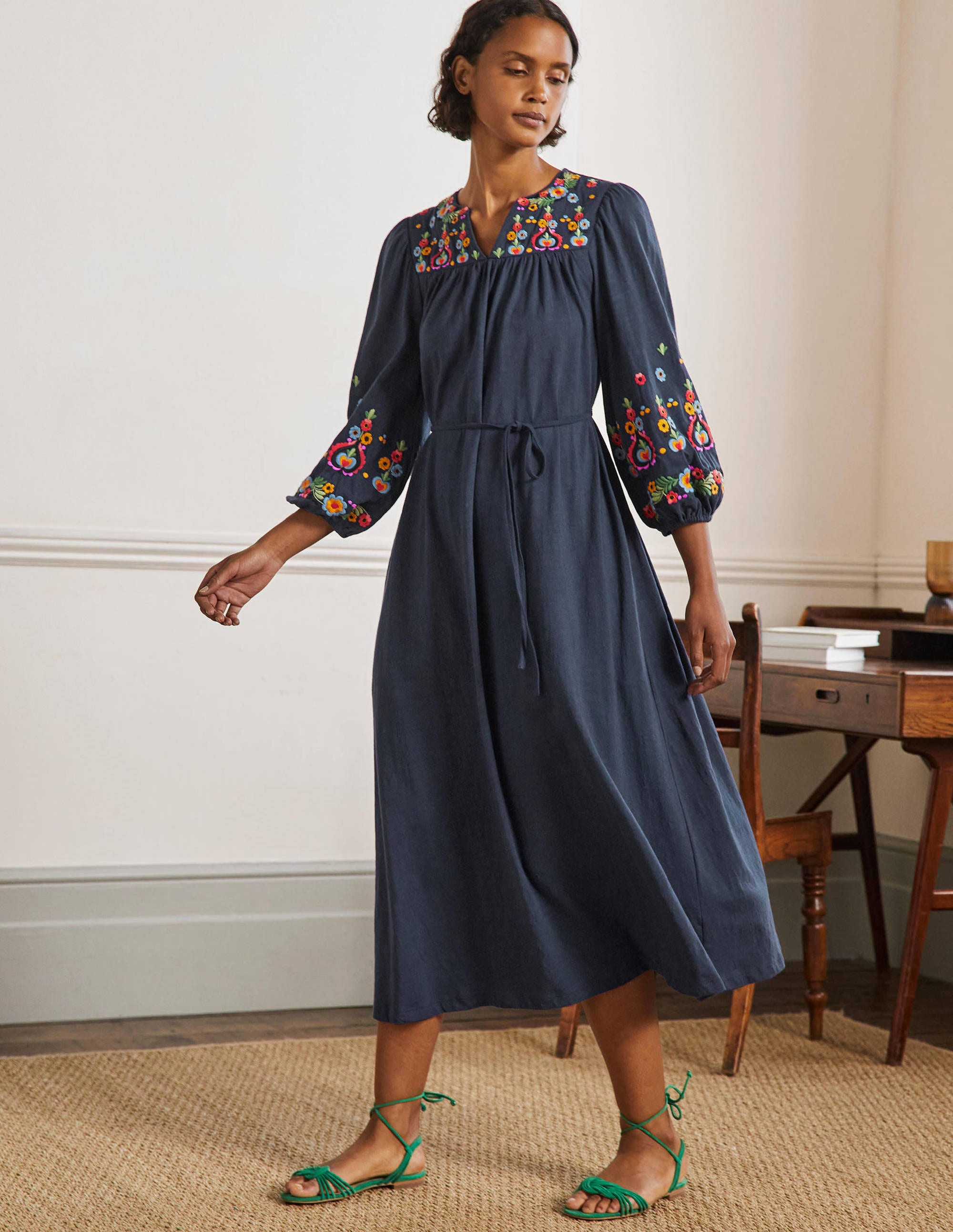 Embroidered Jersey Midi Dress-Navy - Image 1
