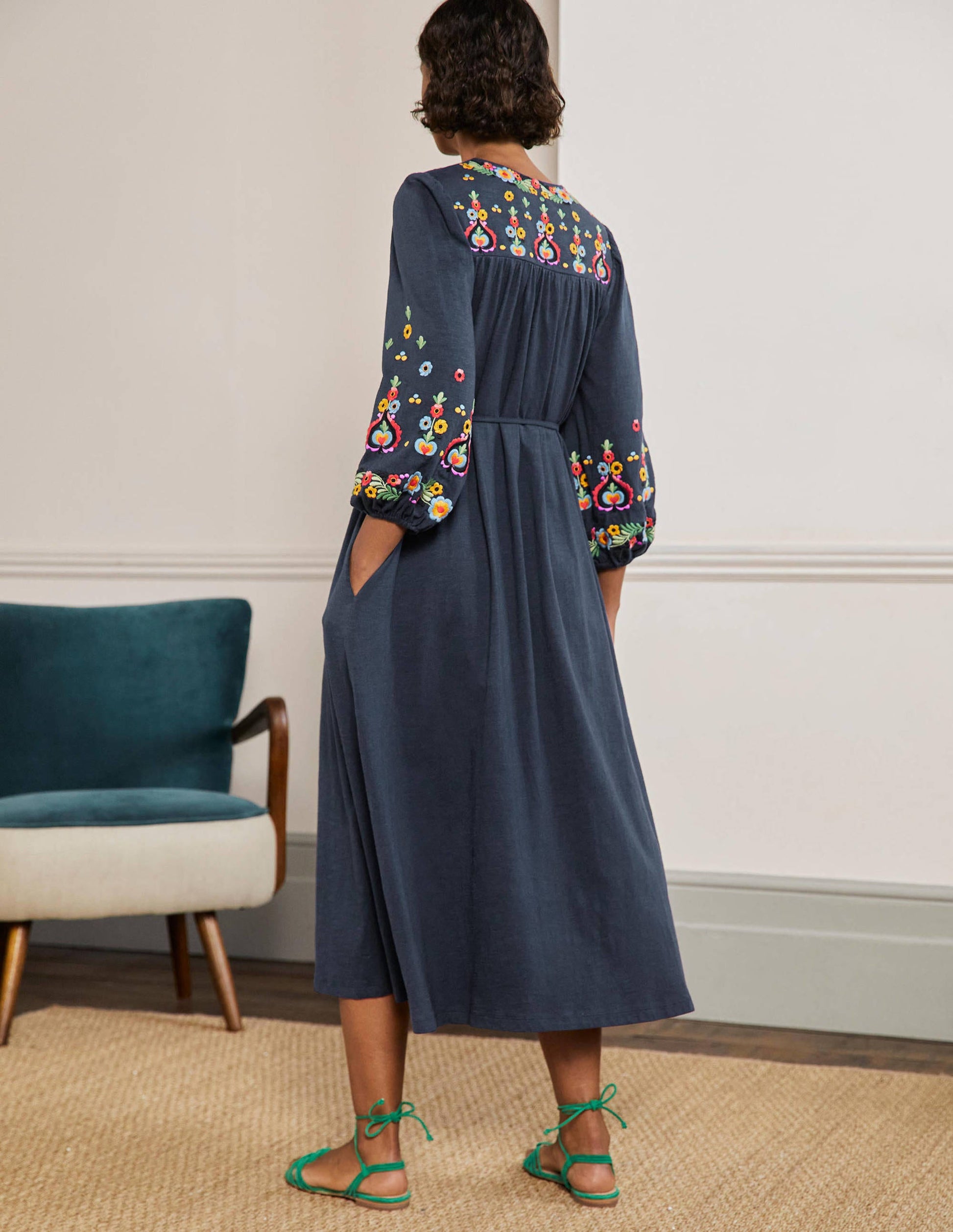 Embroidered Jersey Midi Dress-Navy-3