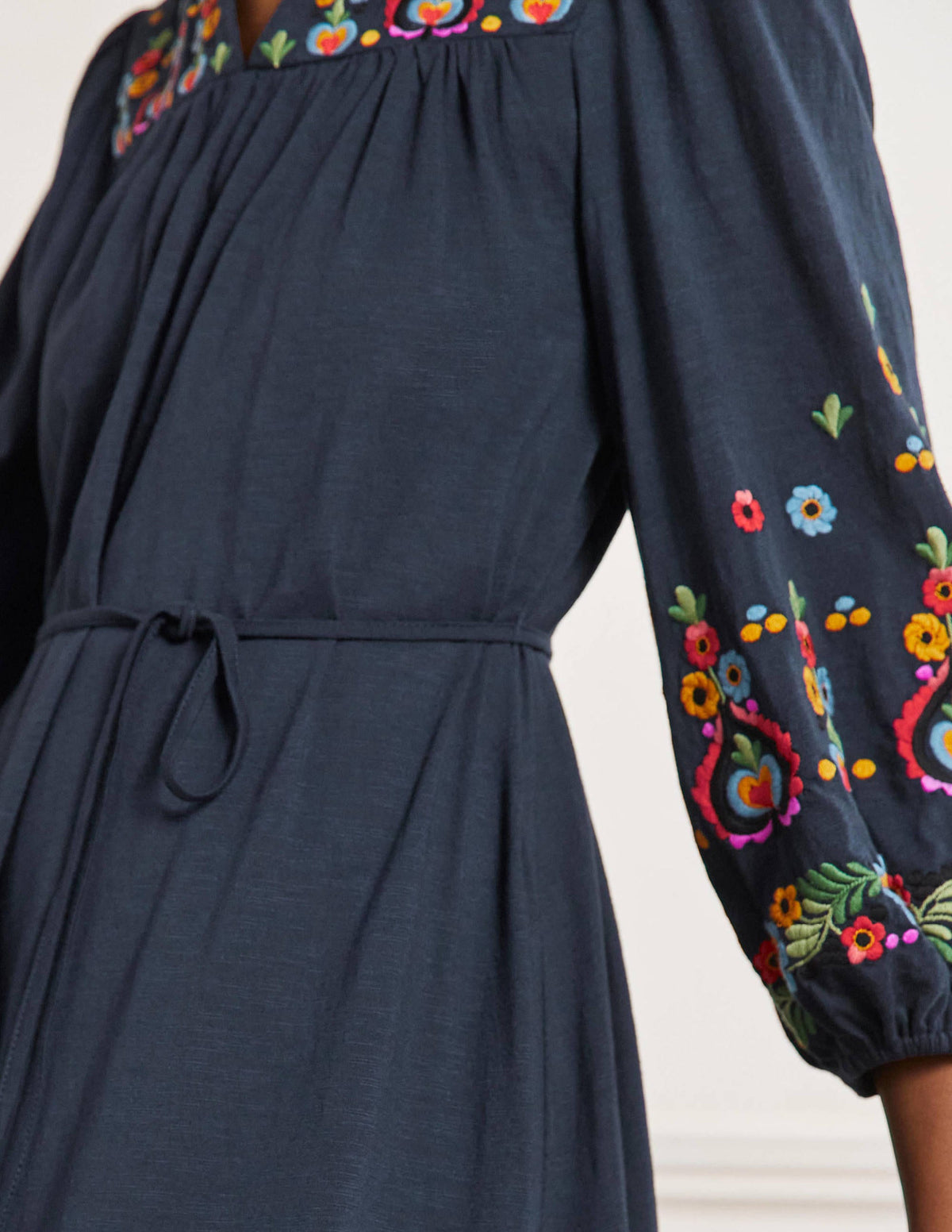 Embroidered Jersey Midi Dress-Navy - Image 4