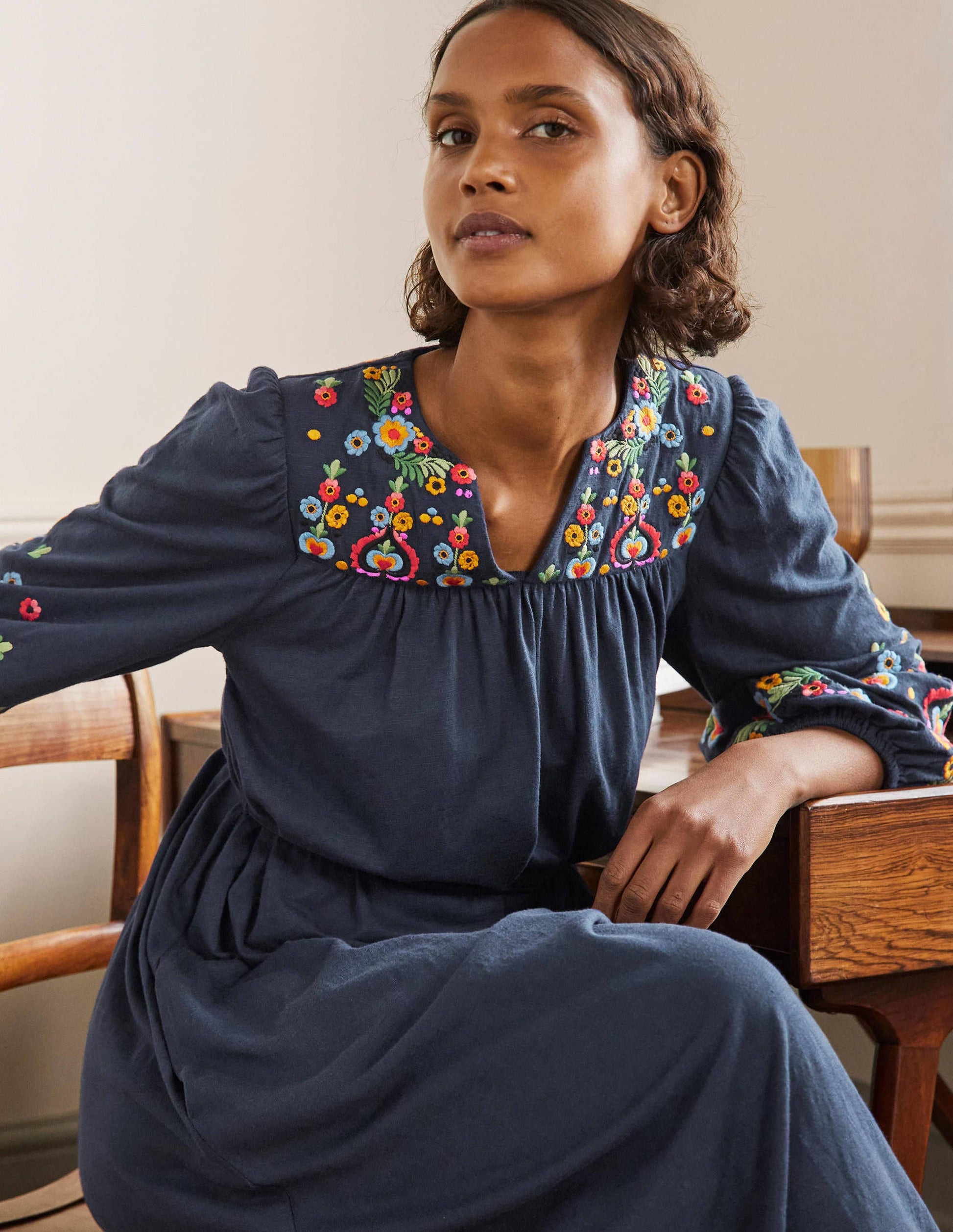 Embroidered Jersey Midi Dress-Navy-5