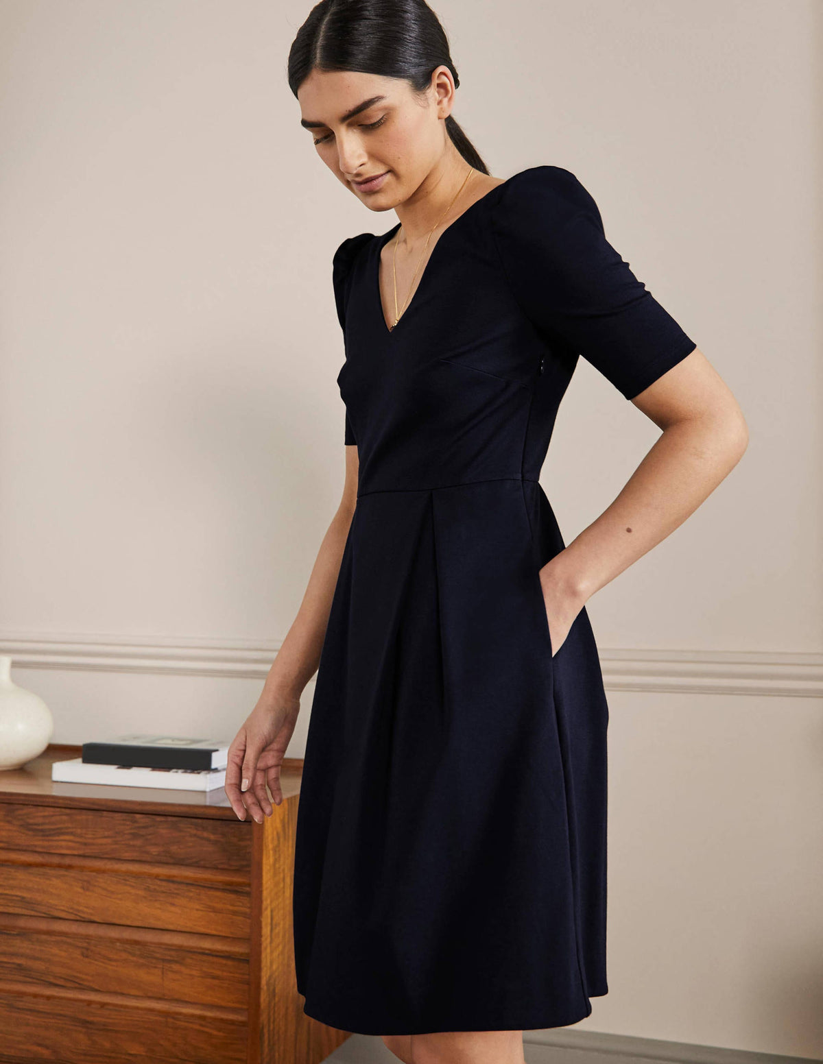 Jerseykleid mit Puffärmeln-Marineblau-5