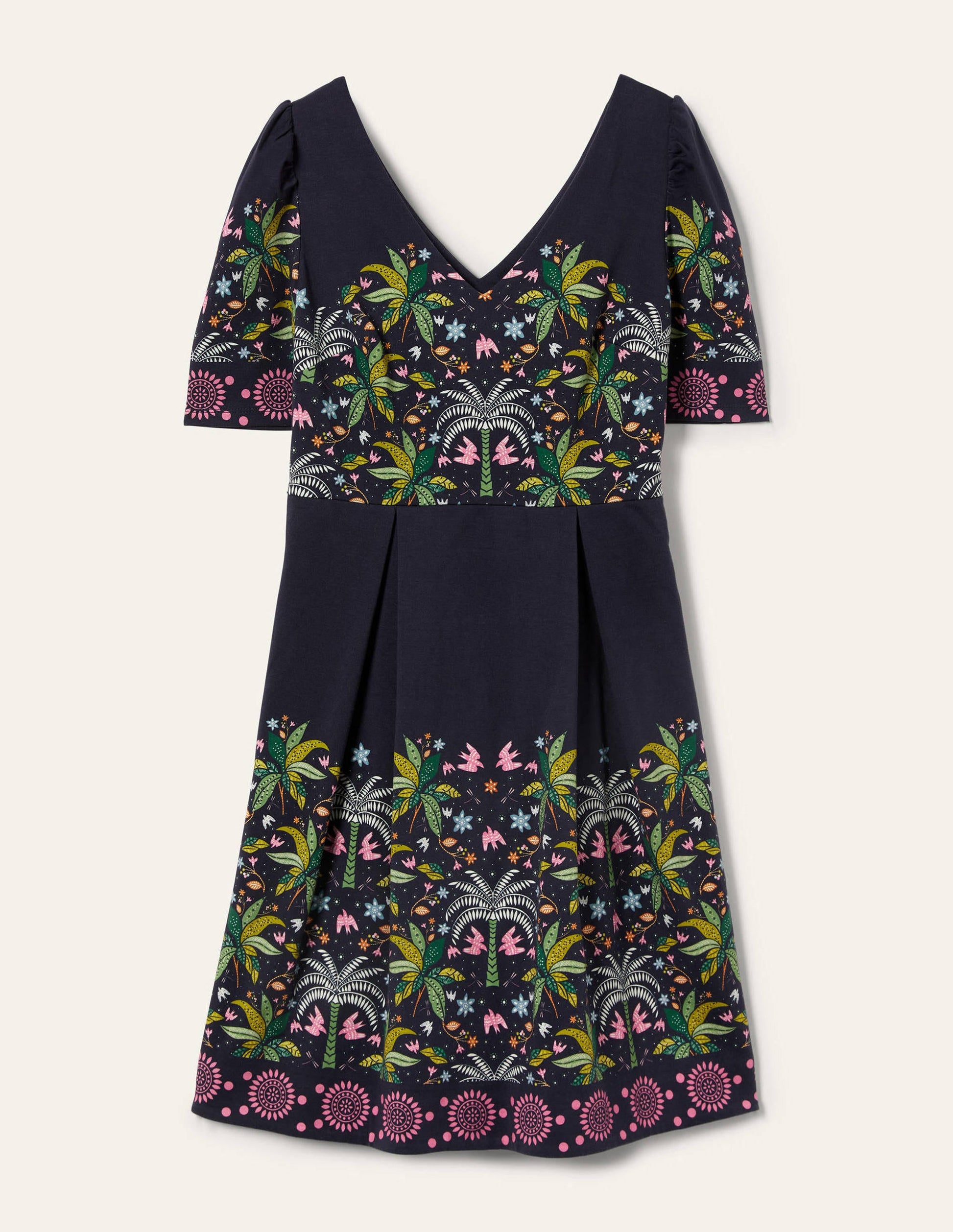 Jerseykleid mit Puffärmeln-Navy, Orientalisches Palmenmuster-5