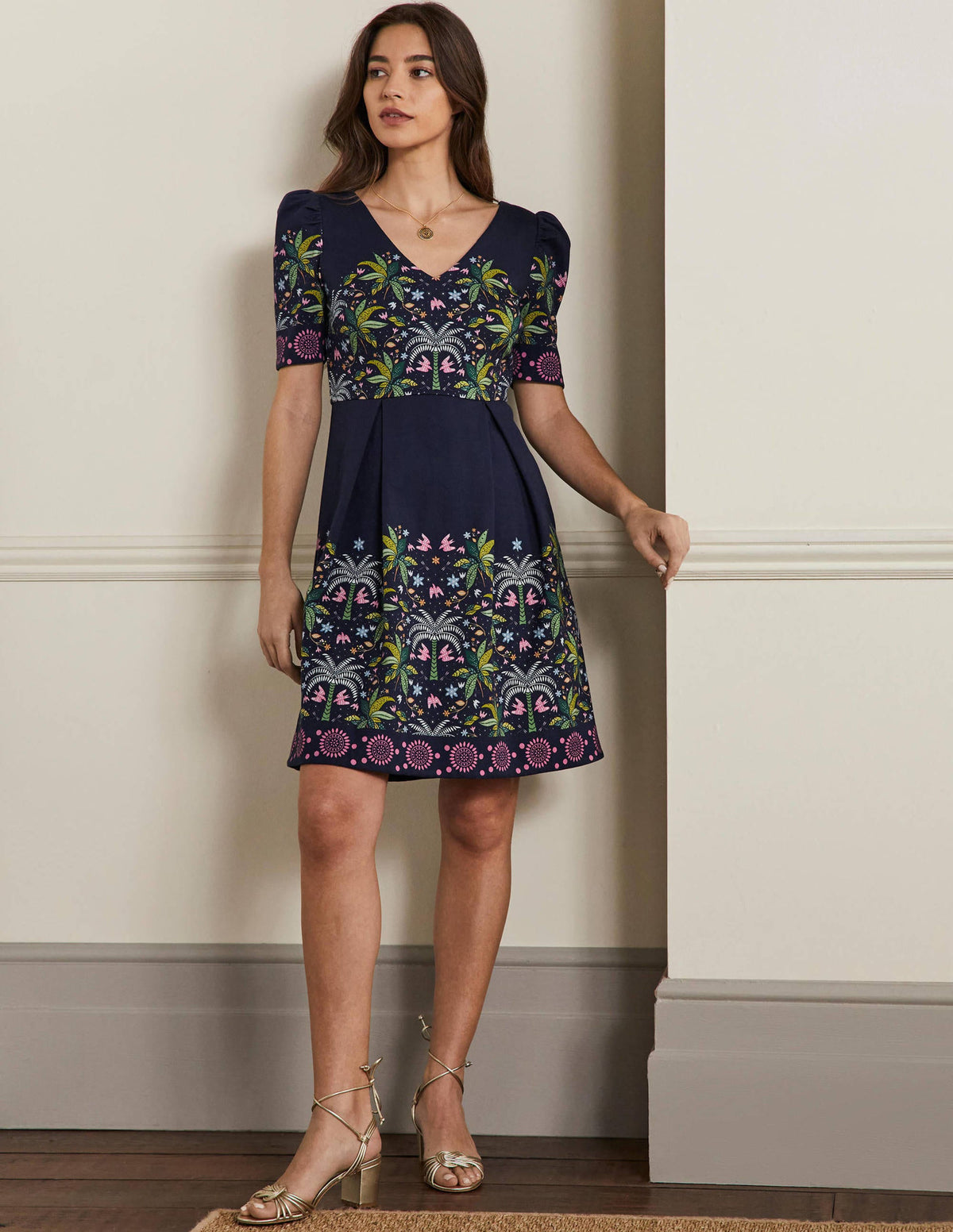 Jerseykleid mit Puffärmeln-Navy, Orientalisches Palmenmuster - Image 4