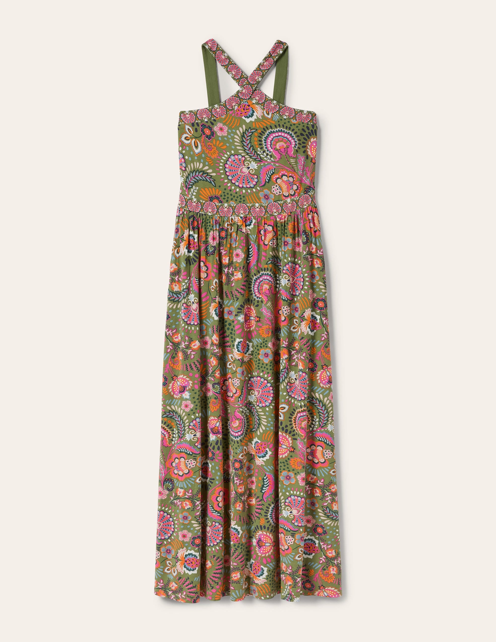 Neckholder-Maxikleid aus Jersey-Erbsengrün, Dekoratives Wiesenmuster - Image 5