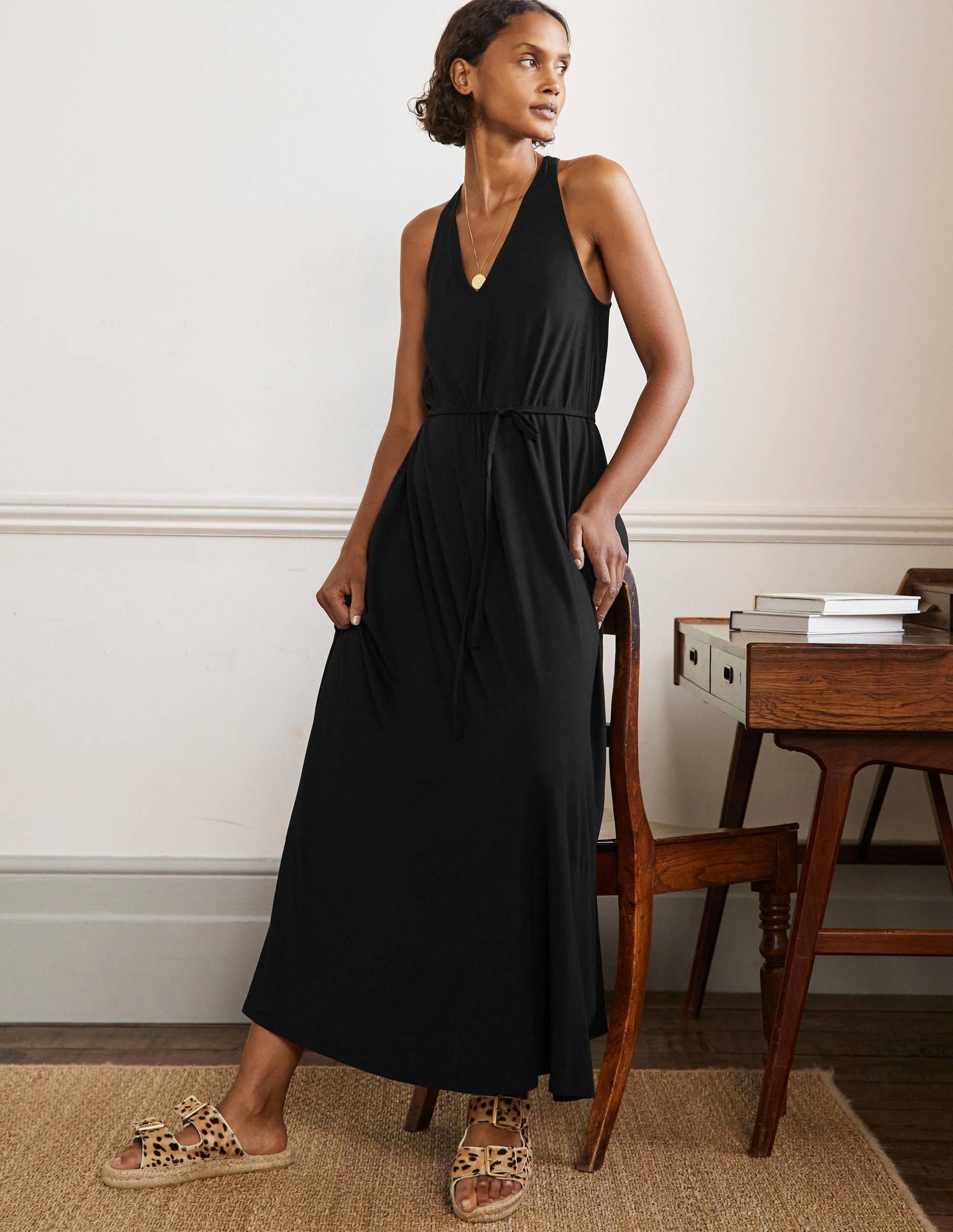 V-Neck Jersey Maxi Dress-Black-1