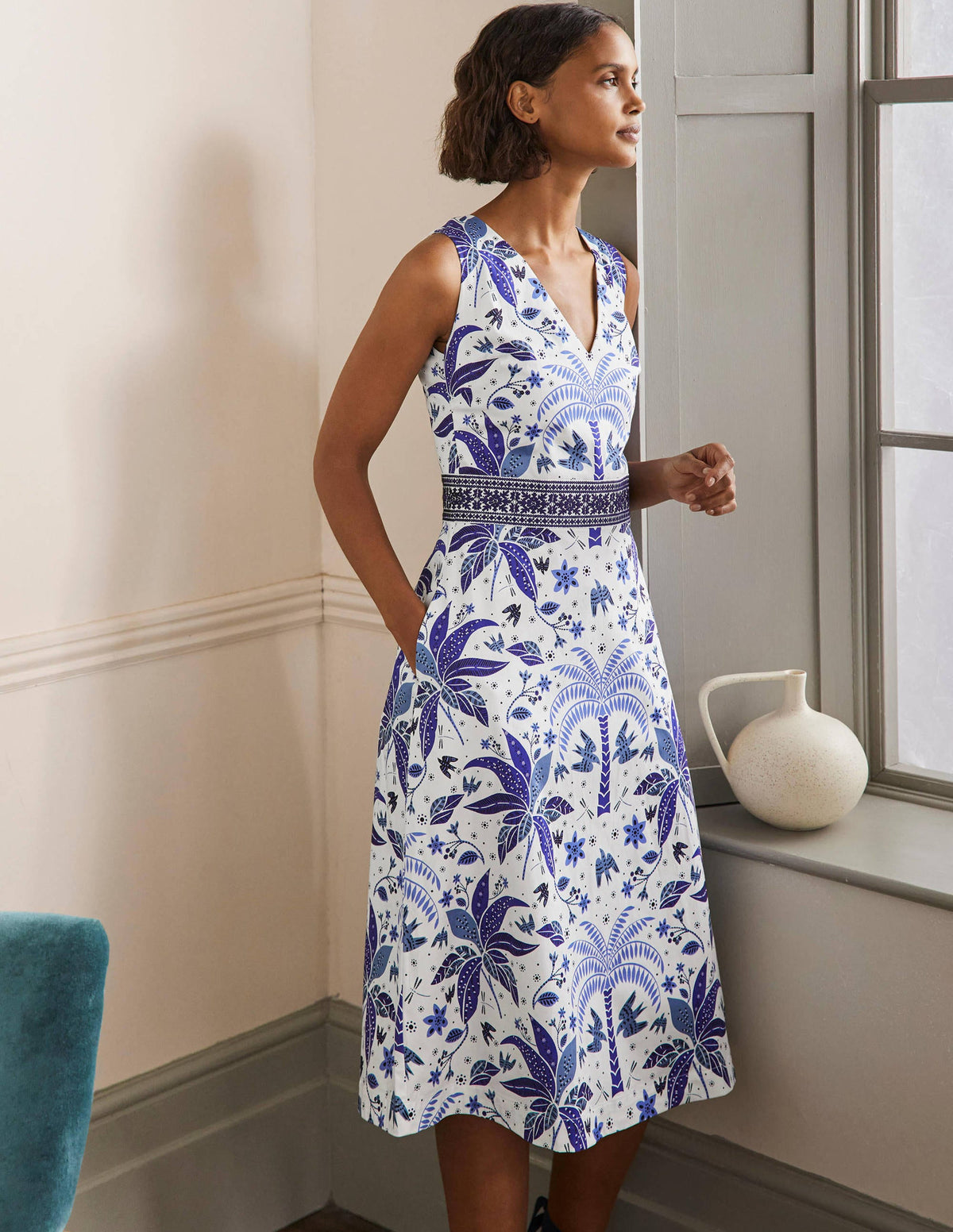 Midikleid mit bestickter Taille-Meeresblau, Orientalisches Palmenmuster-4