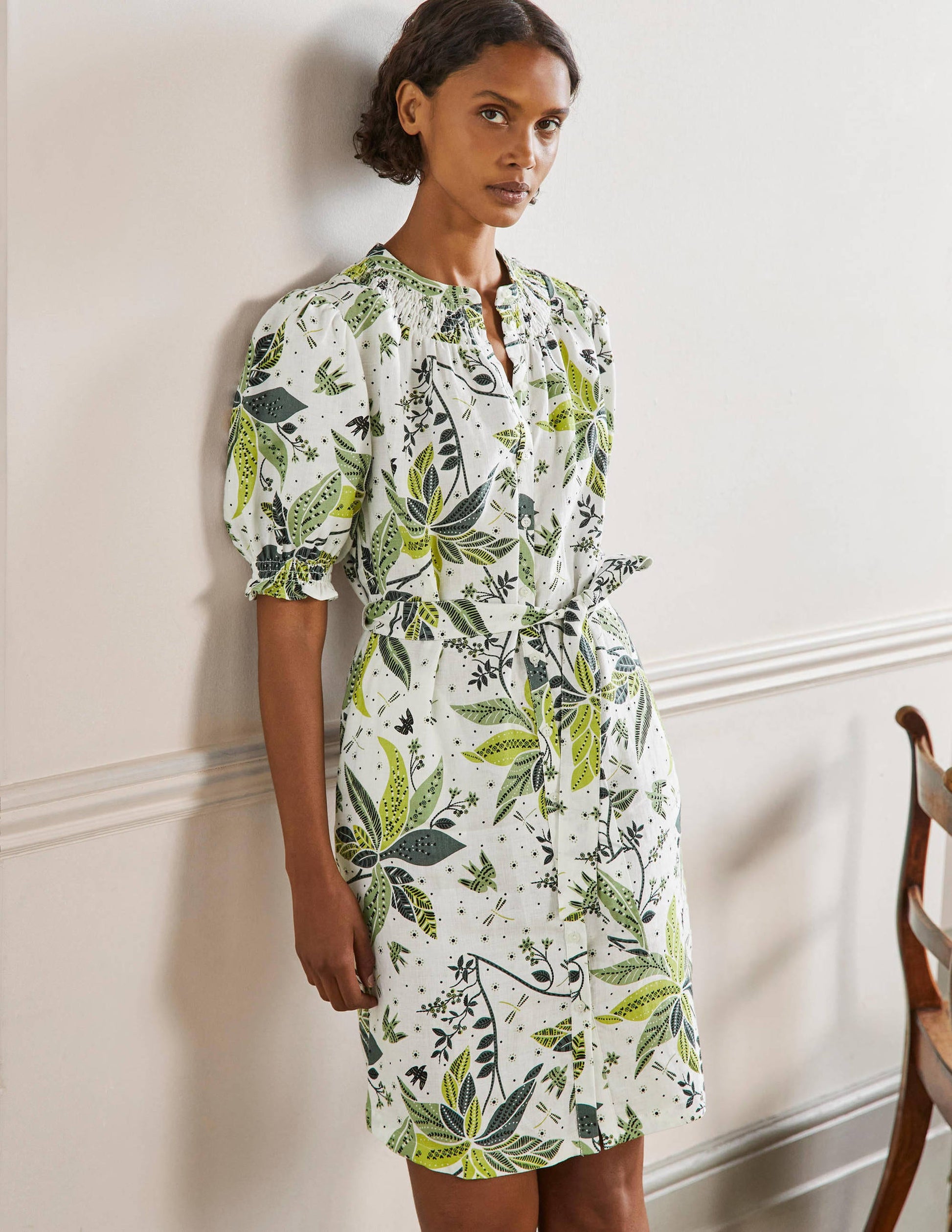 Gesmoktes Hemdblusenkleid aus Leinen-Naturweiß, Orientalisches Muster-1