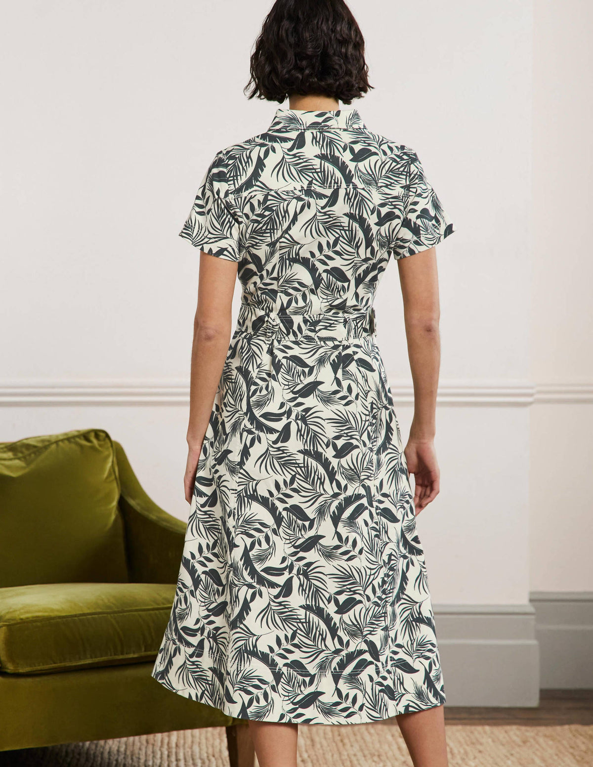 Midi-Hemdblusenkleid mit Gürtel-Gartengrün, Tropische Blätter-3