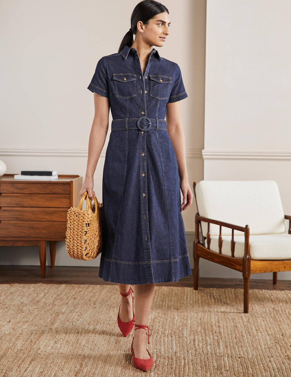 Robe-chemise midi à ceinture-Vintage moyen - Image 1