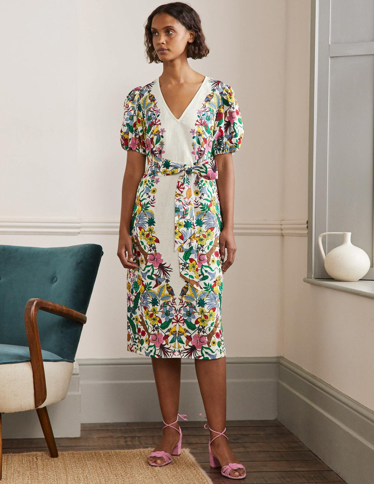 Midikleid aus Leinen mit Puffärmeln-Naturweiß, Exotisches Paradies - Image 9