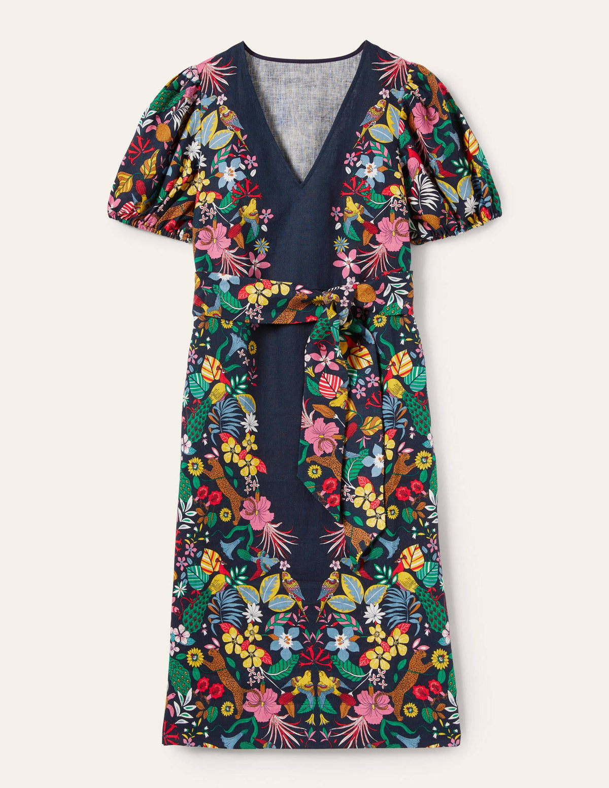 Midikleid aus Leinen mit Puffärmeln-Navy, Exotisches Paradies-11