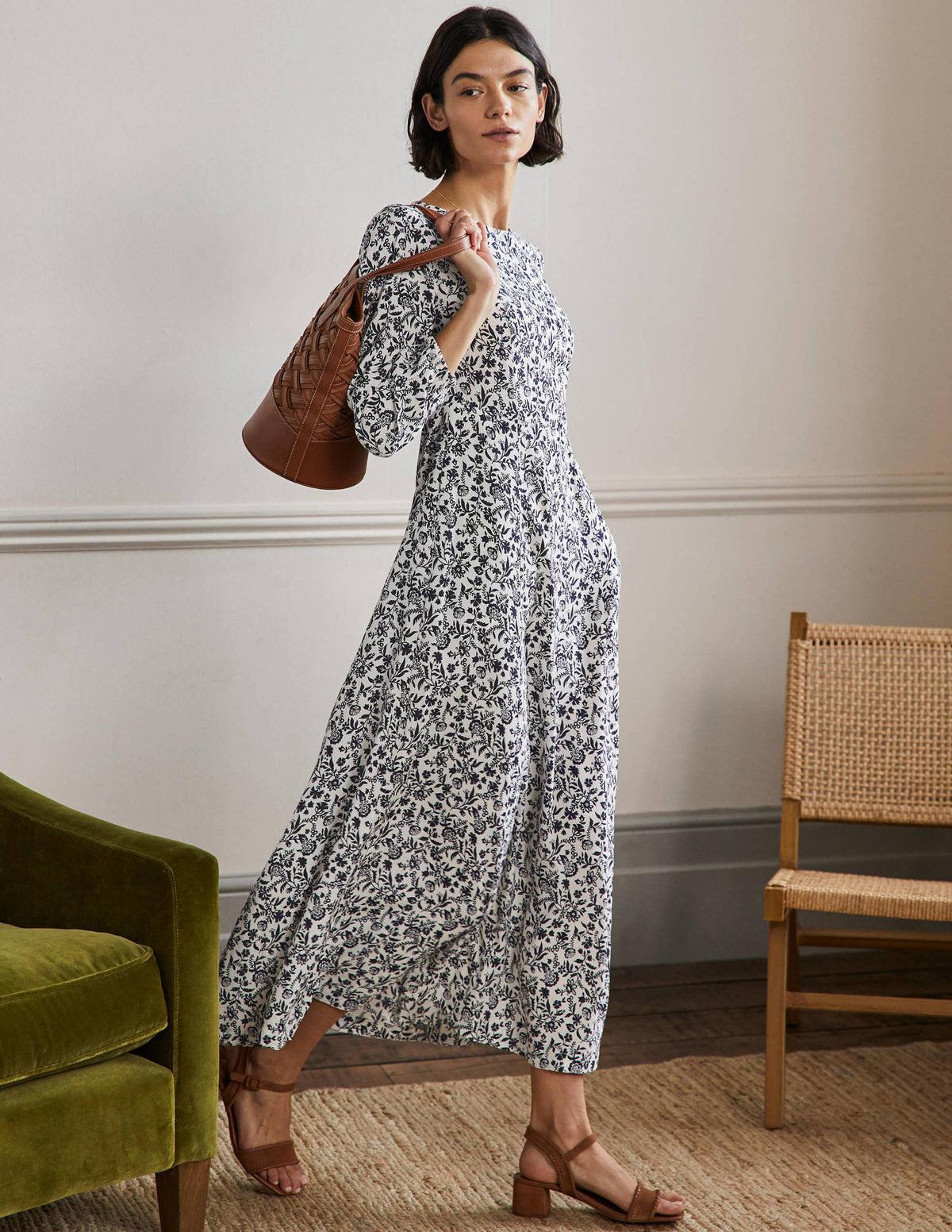 Maxikleid mit Rundhalsausschnitt-Navy, Hübsches Blumenmuster-4