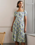 Square Neck Tiered Dress-Multi, Lemon Foliage