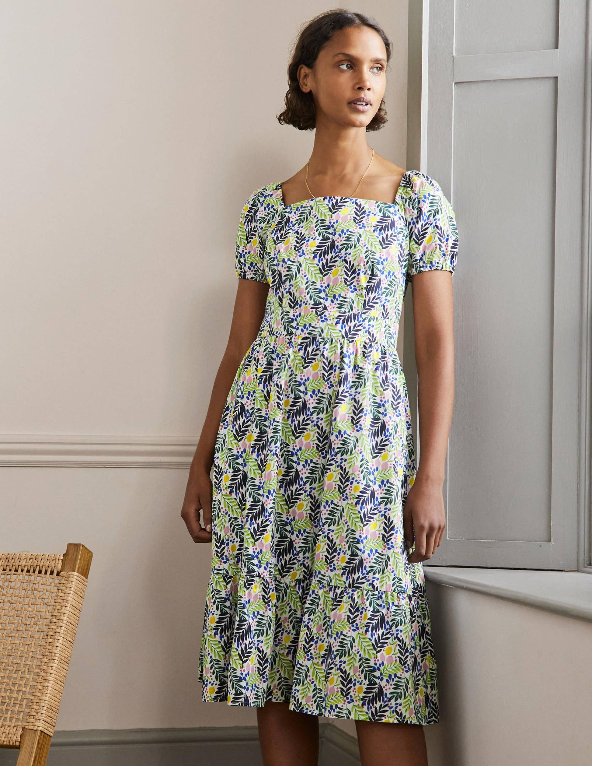 Square Neck Tiered Dress-Multi, Lemon Foliage-1