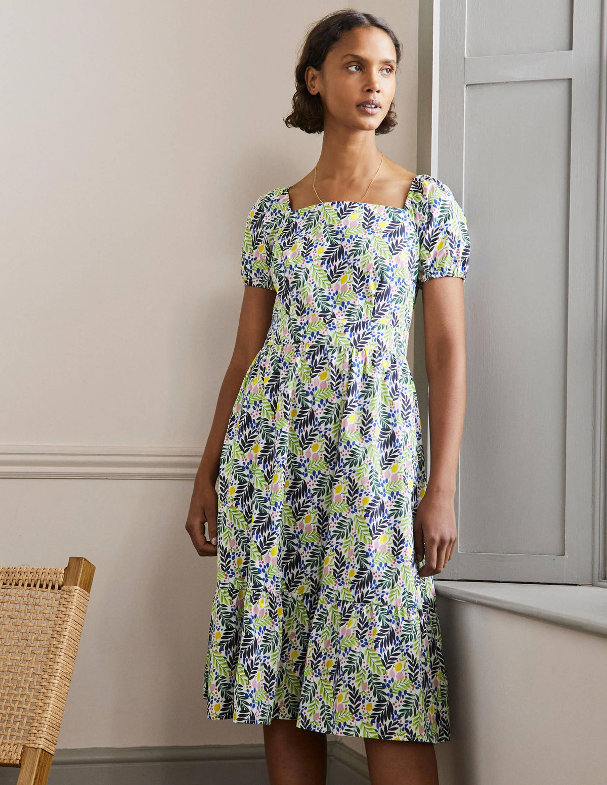 Square Neck Tiered Dress-Multi, Lemon Foliage - Image 1