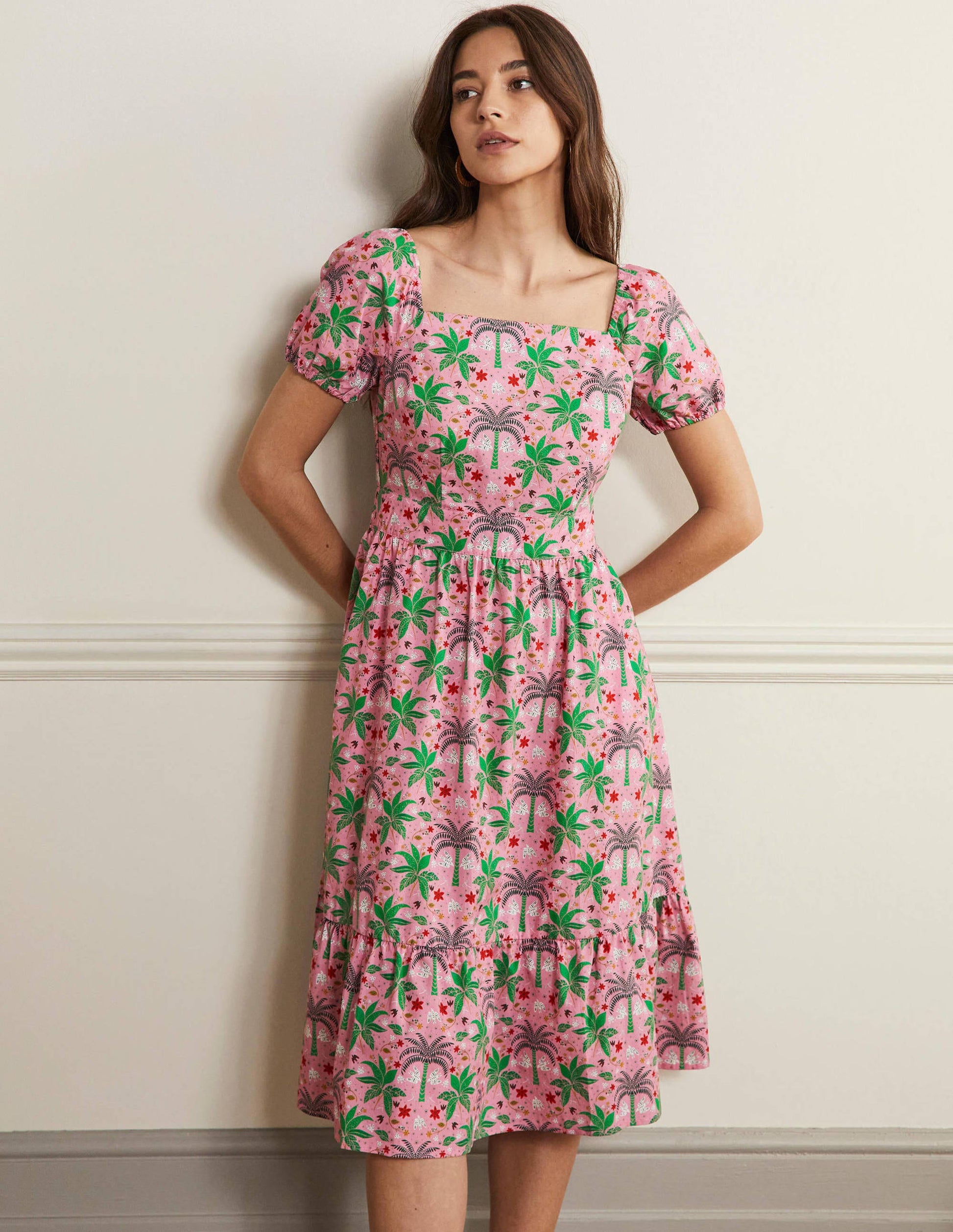 Stufenkleid mit eckigem Ausschnitt-Blümchenrosa, Orientalisches Palmenmuster-1