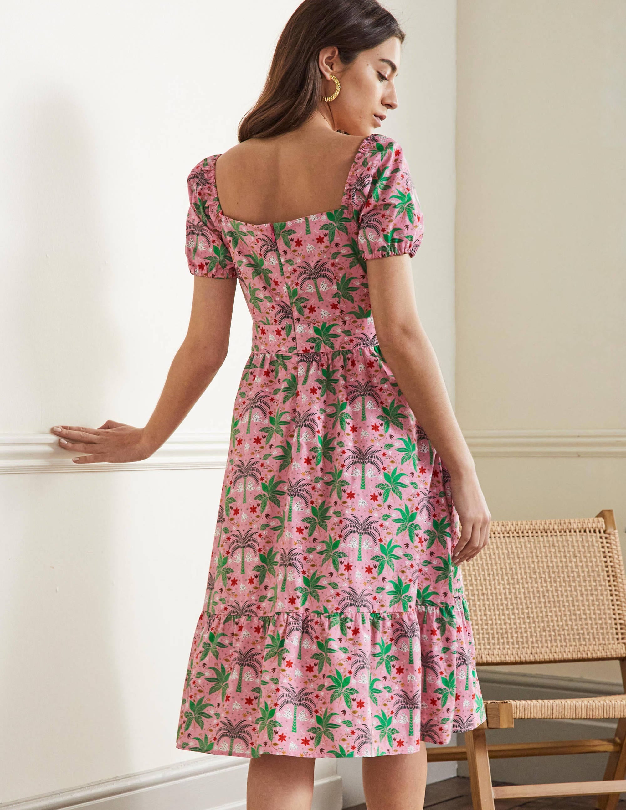 Stufenkleid mit eckigem Ausschnitt-Blümchenrosa, Orientalisches Palmenmuster - Image 3