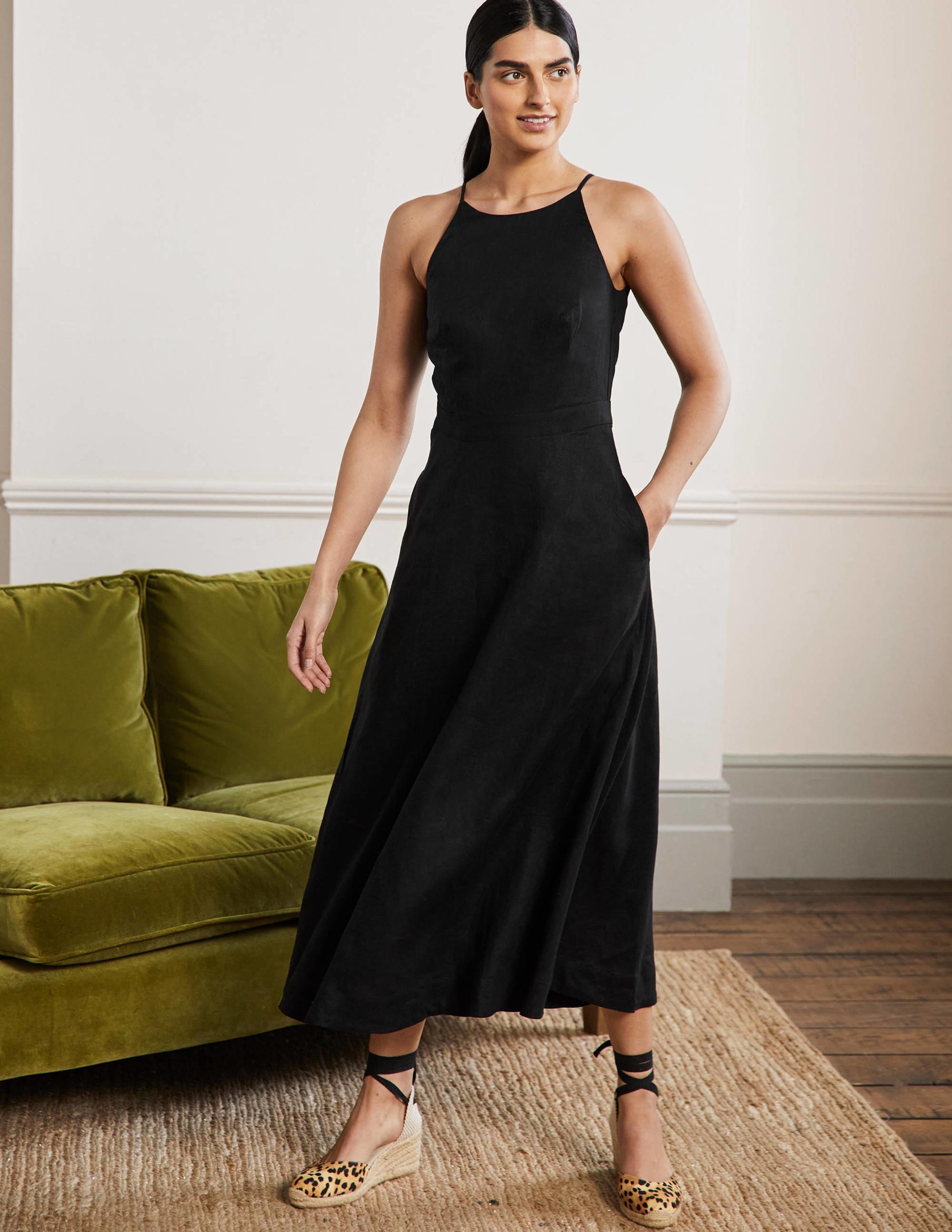 Halterneck Linen Midi Dress-Black - Image 1