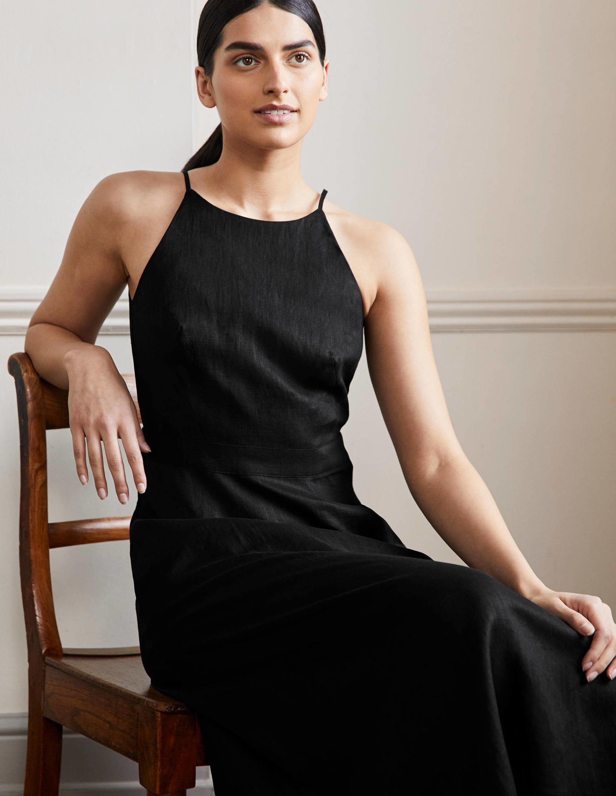Halterneck Linen Midi Dress-Black - Image 5