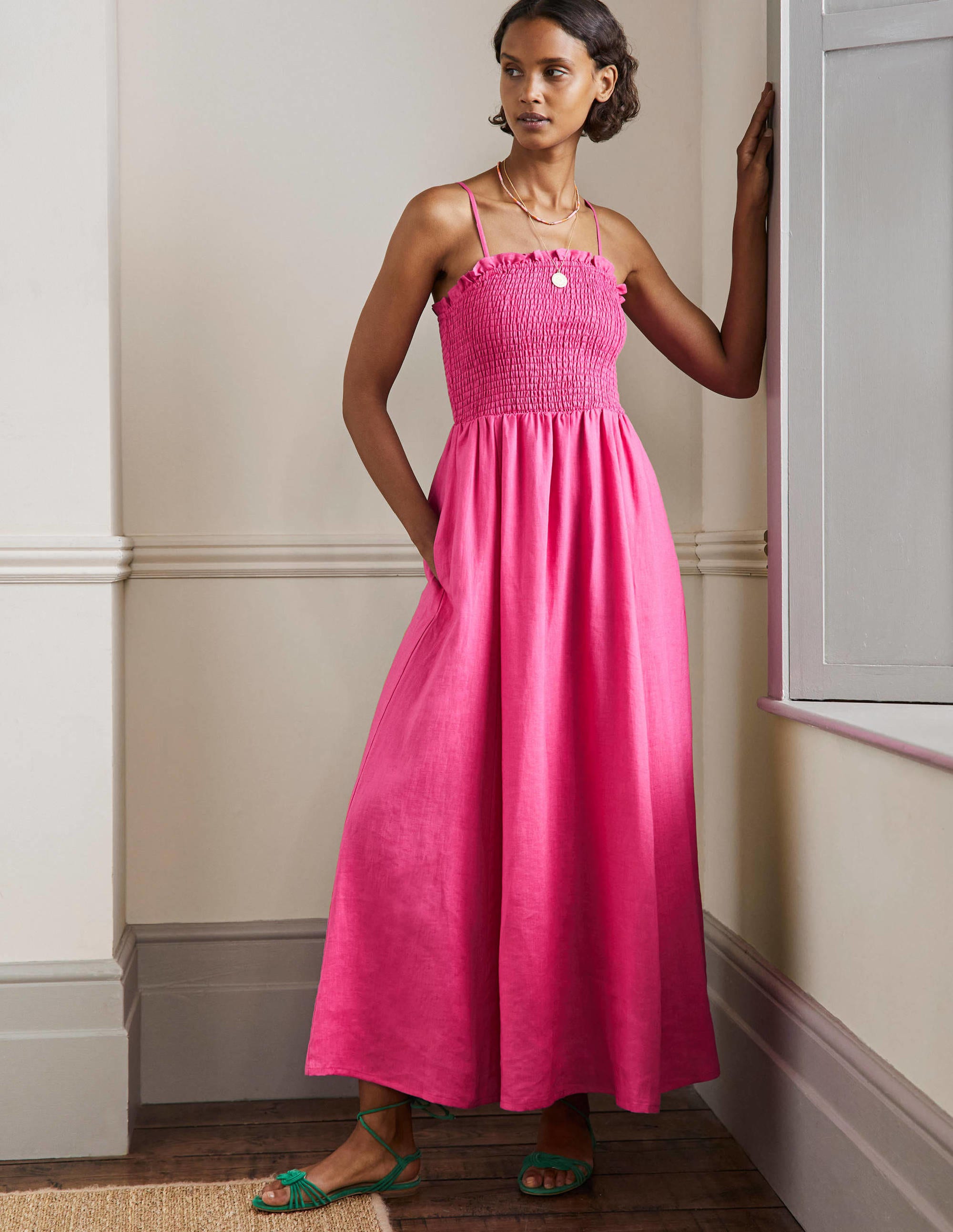 Trägerloses Leinen-Midikleid-Knalliges Stiefmütterchen - Image 1