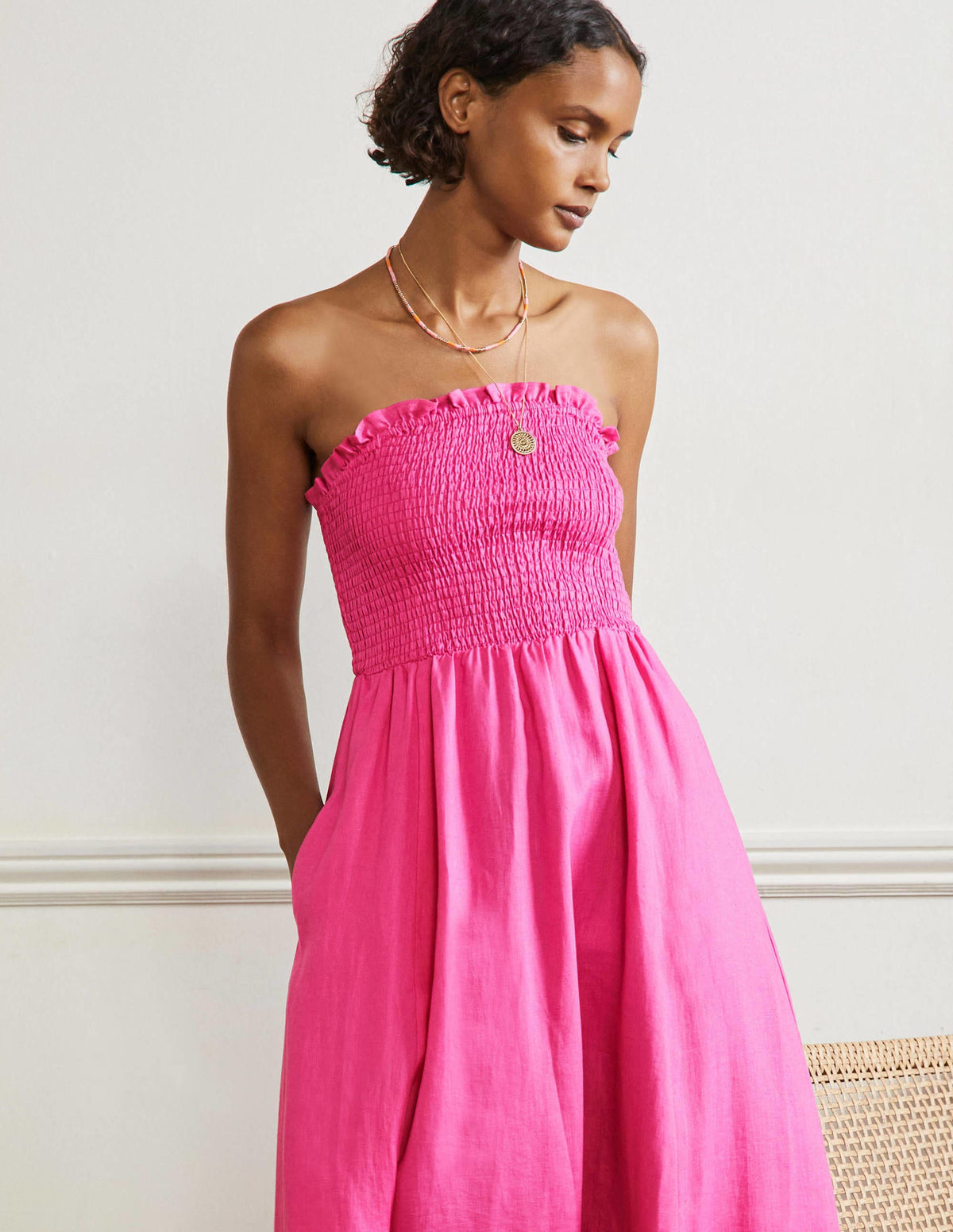 Trägerloses Leinen-Midikleid-Knalliges Stiefmütterchen - Image 5