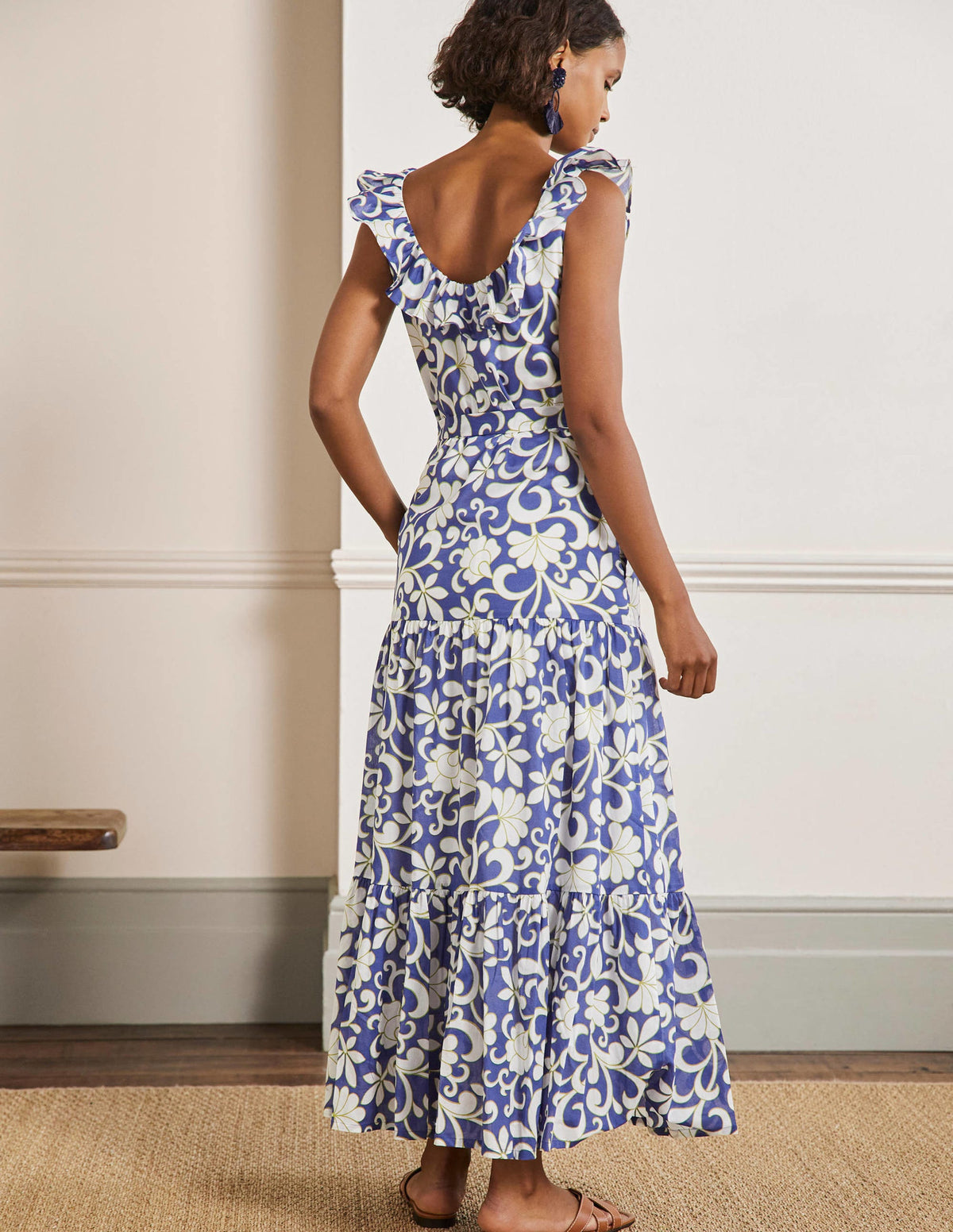 Maxikleid mit Rüschen am Rundhalsausschnitt-Meeresblau, Abstraktes Blütenmuster-3