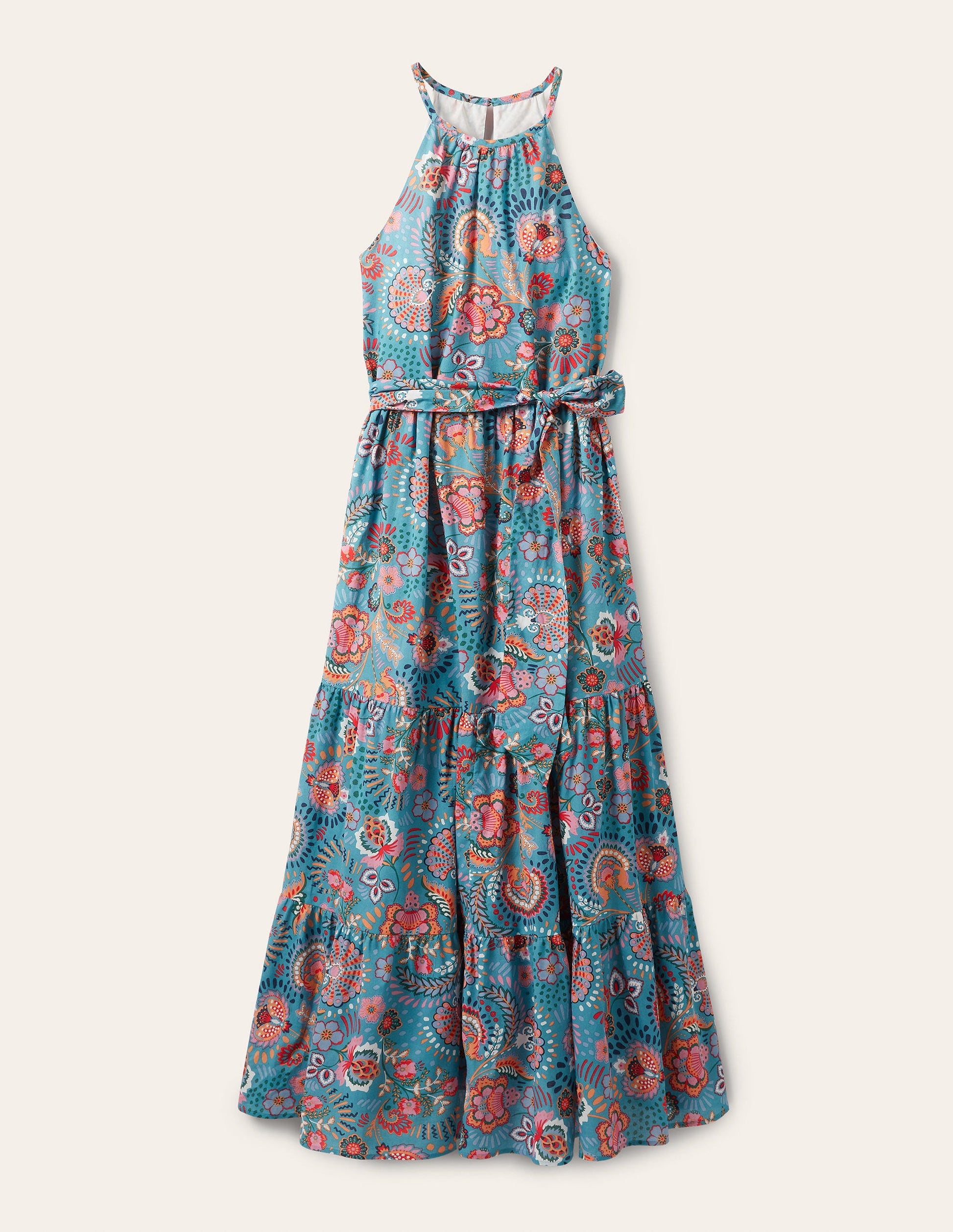 Robe longue dos-nu à volants-Pied d'alouette, motif Decorative Meadow-7
