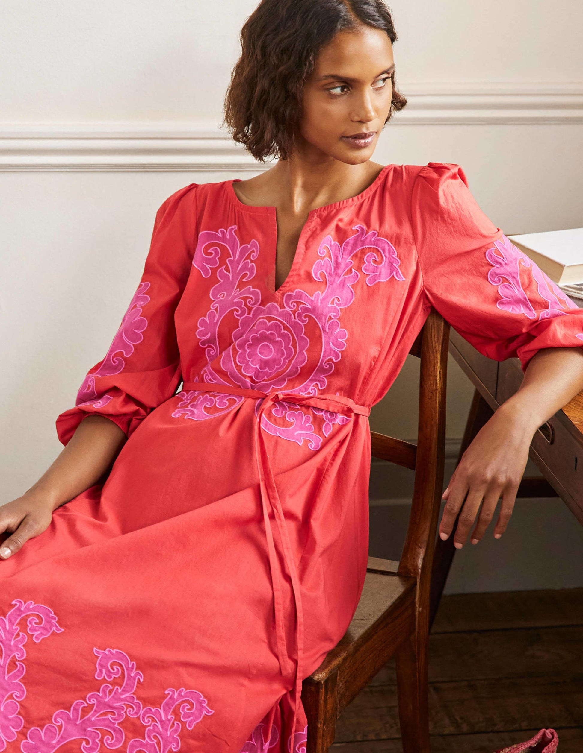 Midikleid mit Applikation-Knalliges Papayaorange-4