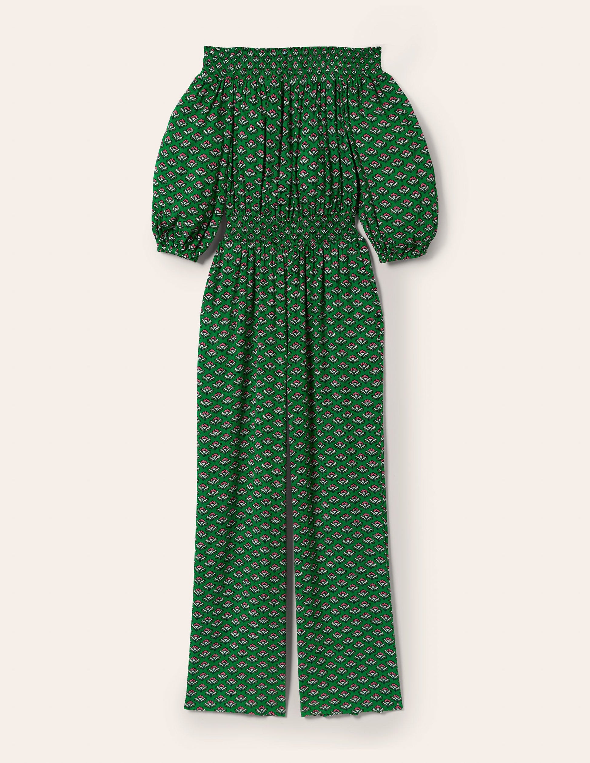 Schulterfreier Jumpsuit-Schottengrün, Orientalische Blüten-5