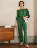 Schulterfreier Jumpsuit-Schottengrün, Orientalische Blüten