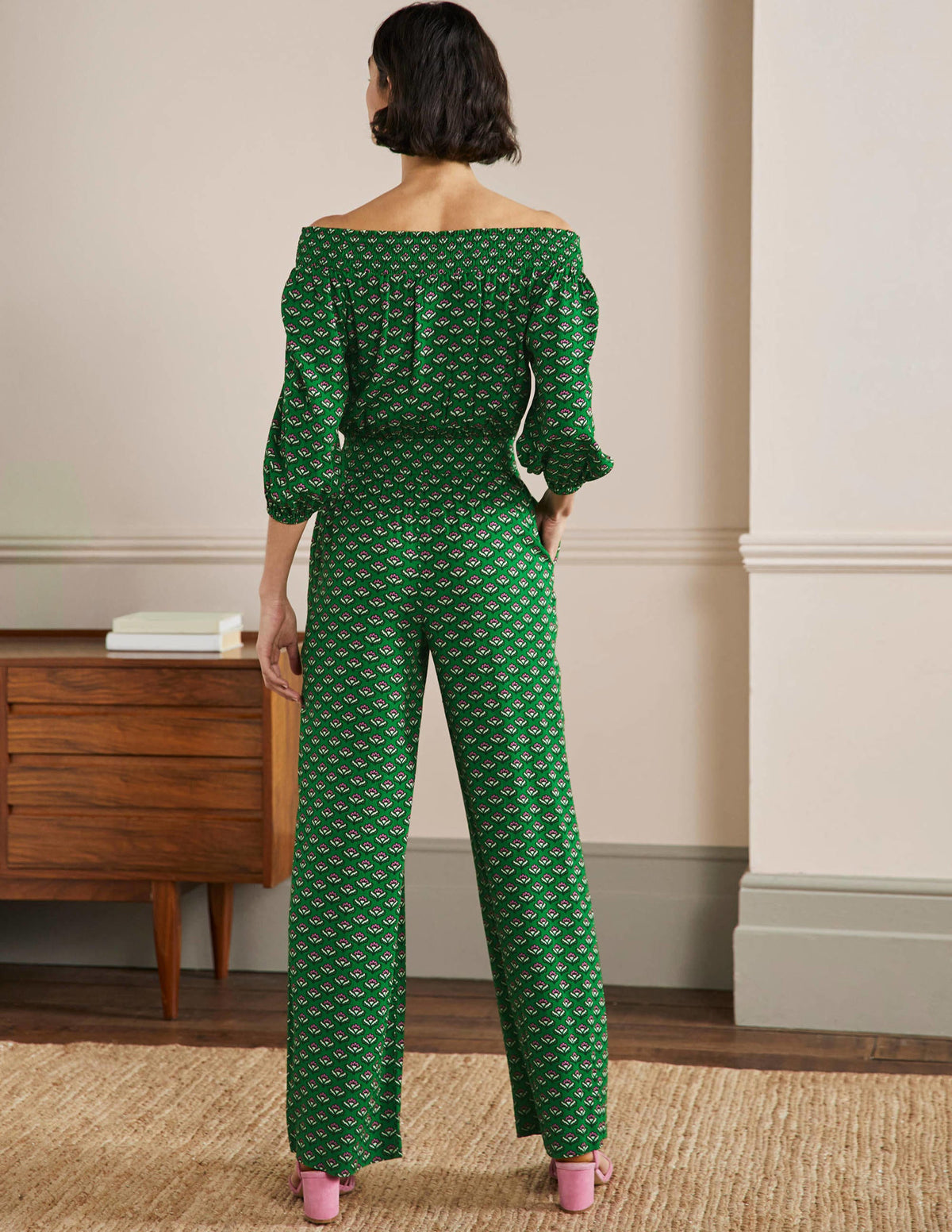 Schulterfreier Jumpsuit-Schottengrün, Orientalische Blüten-3