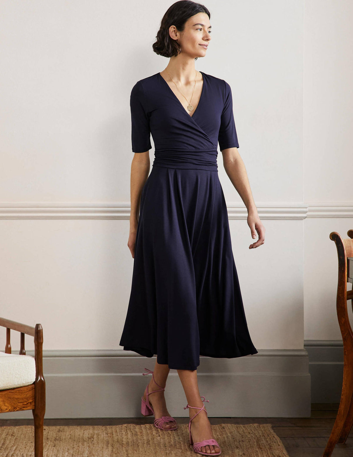 Midikleid aus Jersey mit geraffter Taille-Marineblau-1