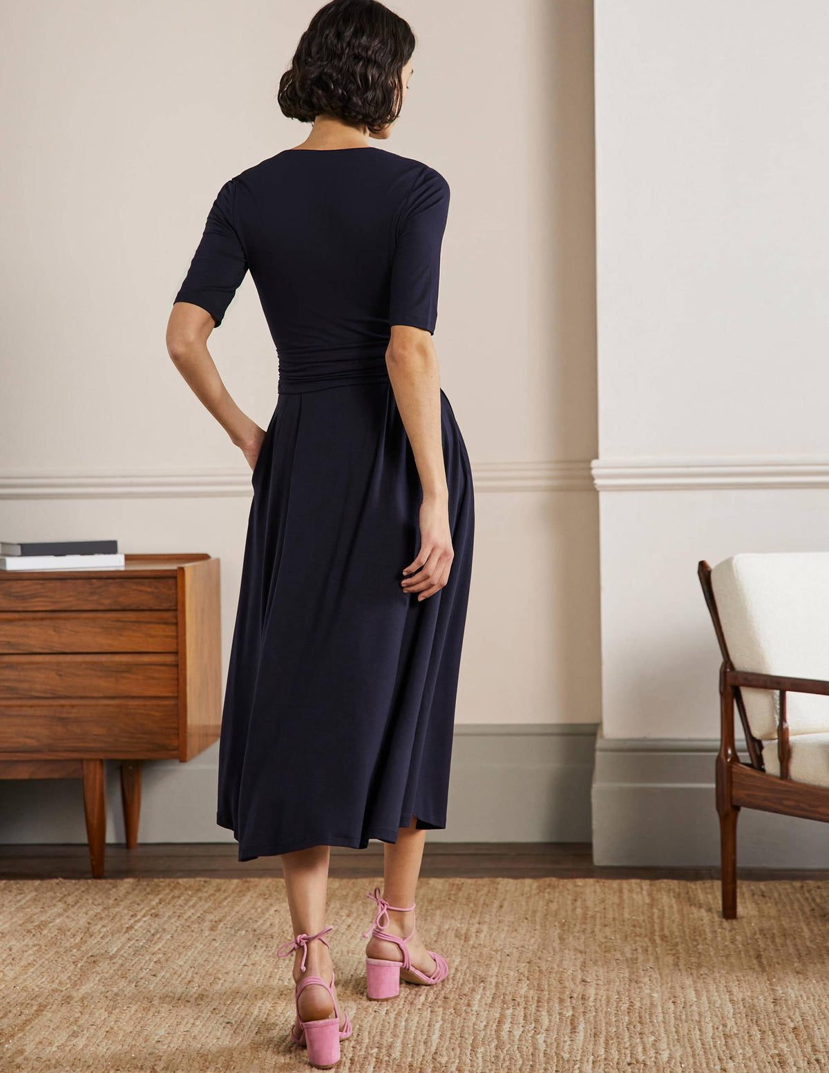Midikleid aus Jersey mit geraffter Taille-Marineblau - Image 3
