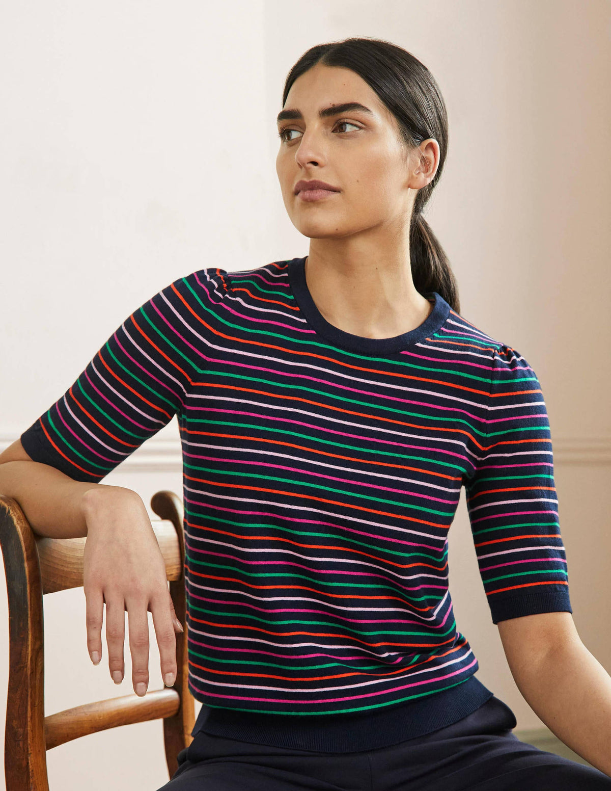 Baumwoll-Strickoberteil mit Rundhalsausschnitt-Navy/Bunt, Gestreift - Image 1