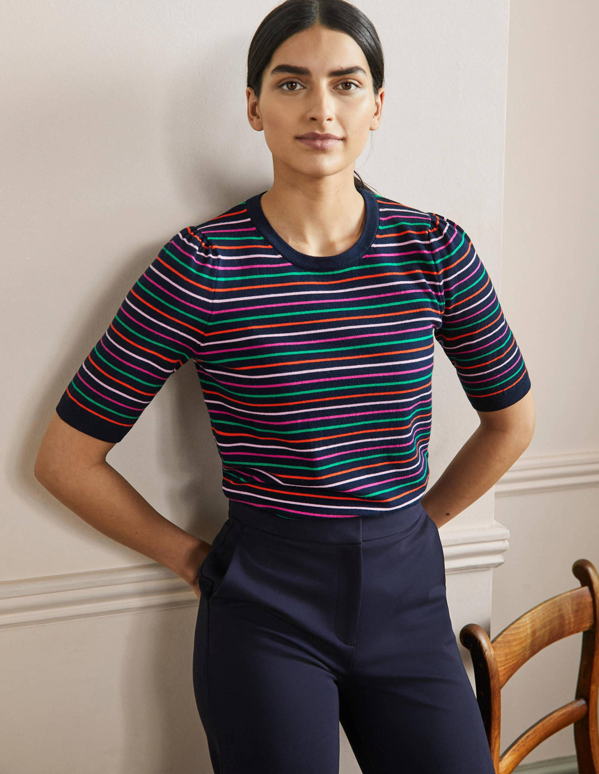 Baumwoll-Strickoberteil mit Rundhalsausschnitt-Navy/Bunt, Gestreift - Image 4