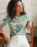Top col rond en maille de coton-Milkshake, feuillage tropical